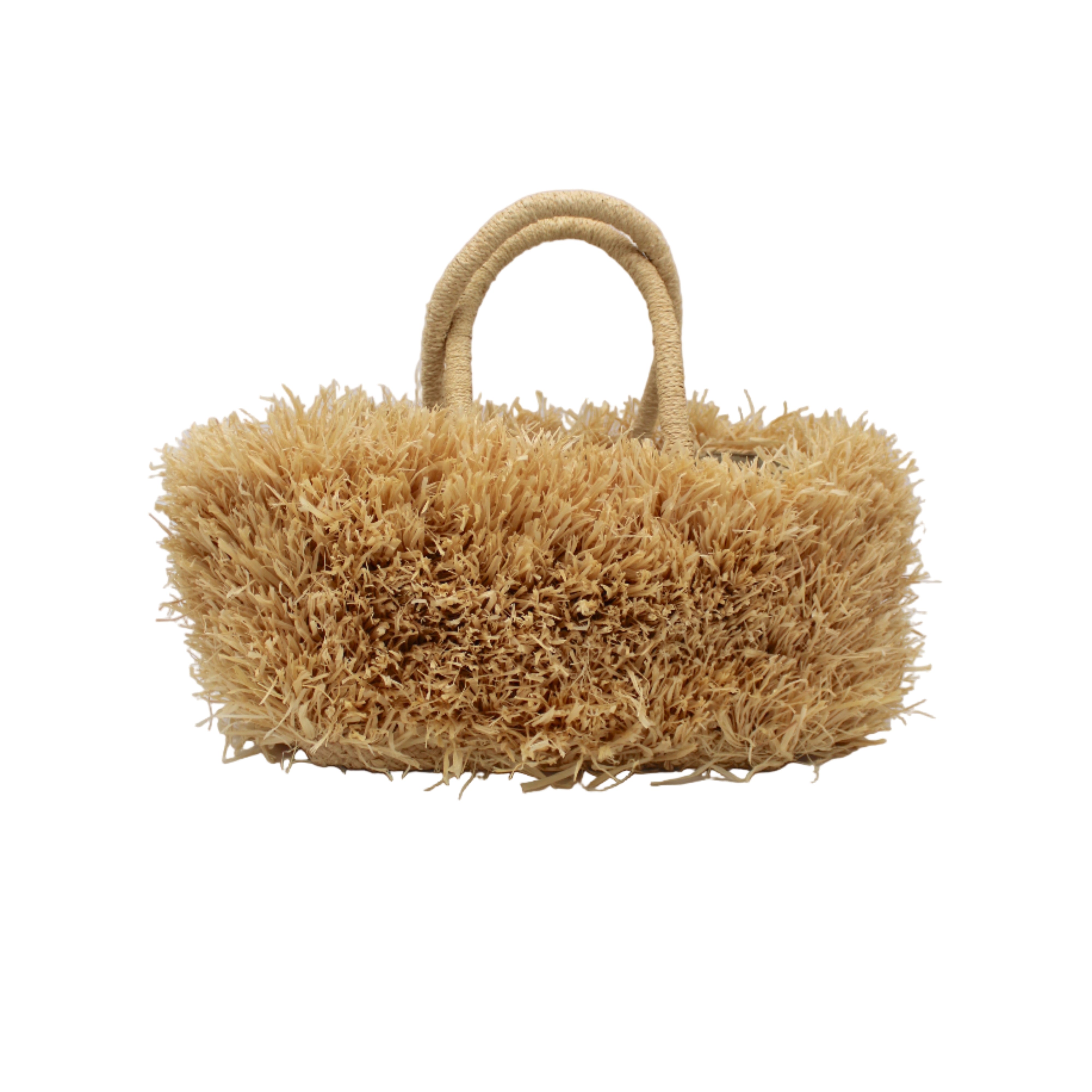 Calypso Pompom Pouf Crochet Straw Basket Handbag handmade natural raffia palm fiber in a solid hue of Natural straw color with brushed fringe strands crochet and knotted into a pouf texture with matching wrapped handles purse - Shebobo