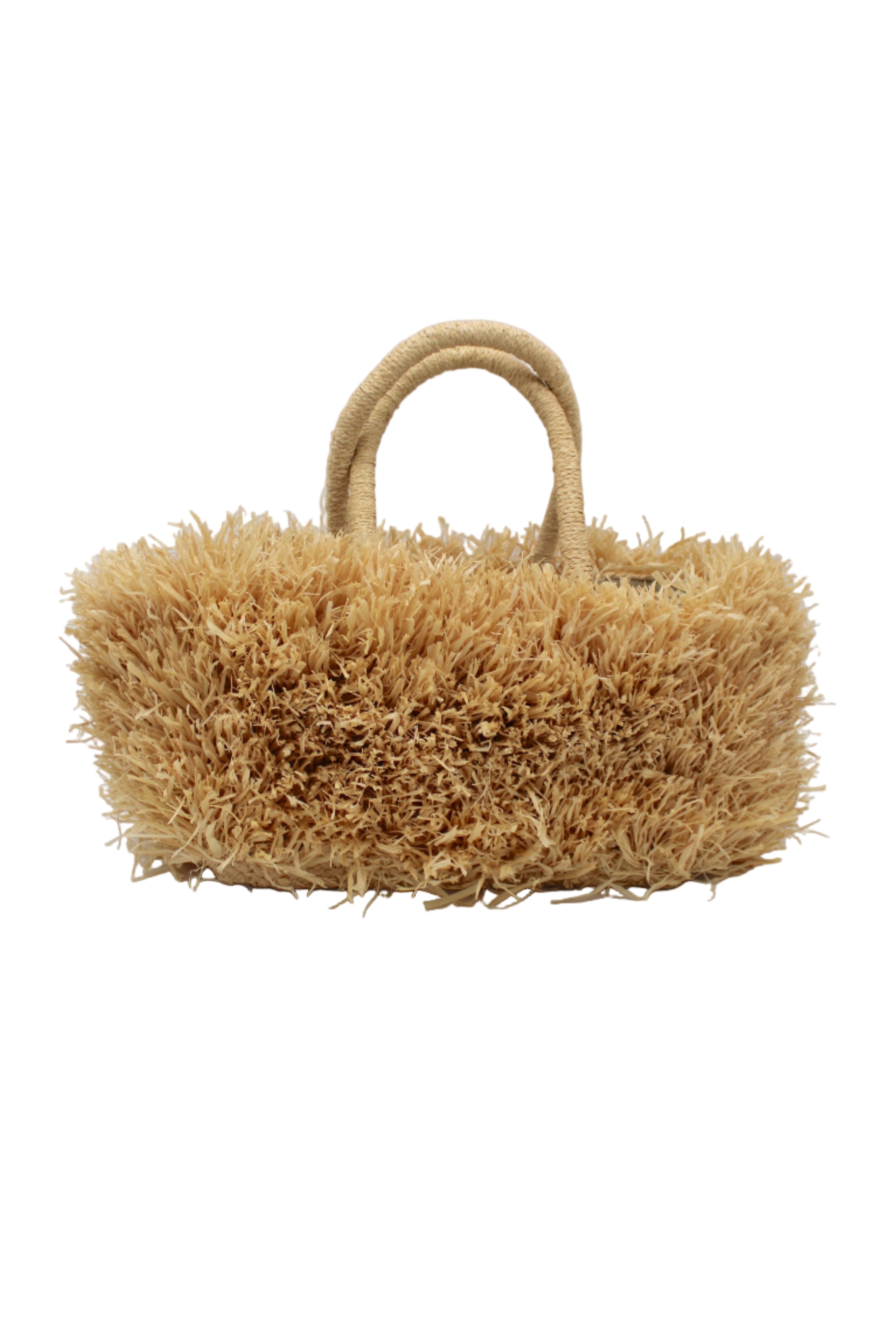 Calypso Pompom Pouf Crochet Straw Basket Handbag handmade natural raffia palm fiber in a solid hue of Natural straw color with brushed fringe strands crochet and knotted into a pouf texture with matching wrapped handles purse - Shebobo