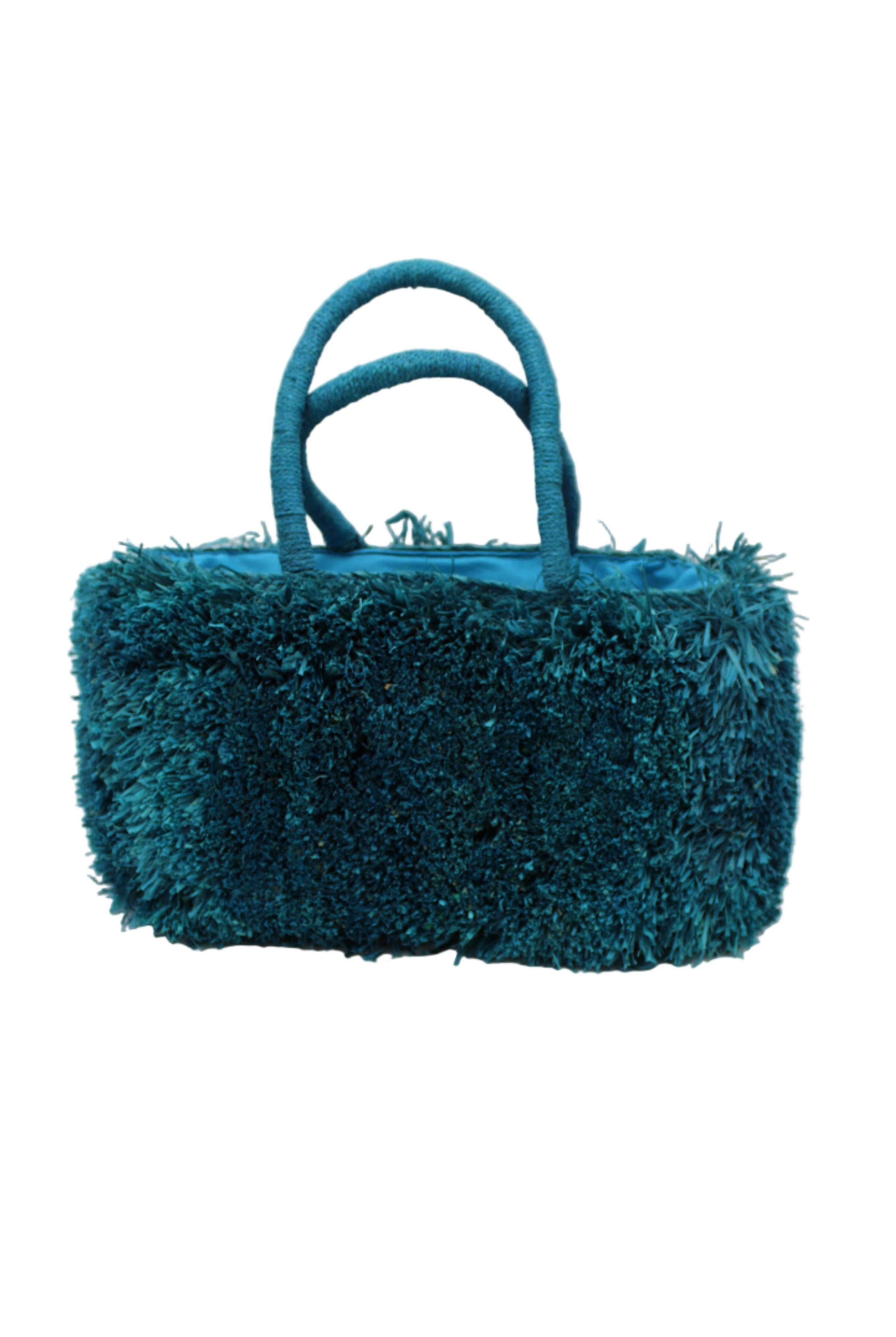 Calypso Pompom Pouf Crochet Straw Basket Handbag handmade natural raffia palm fiber in a solid hue of Turquoise blue/green with brushed fringe strands crochet and knotted into a pouf texture with matching wrapped handles purse - Shebobo