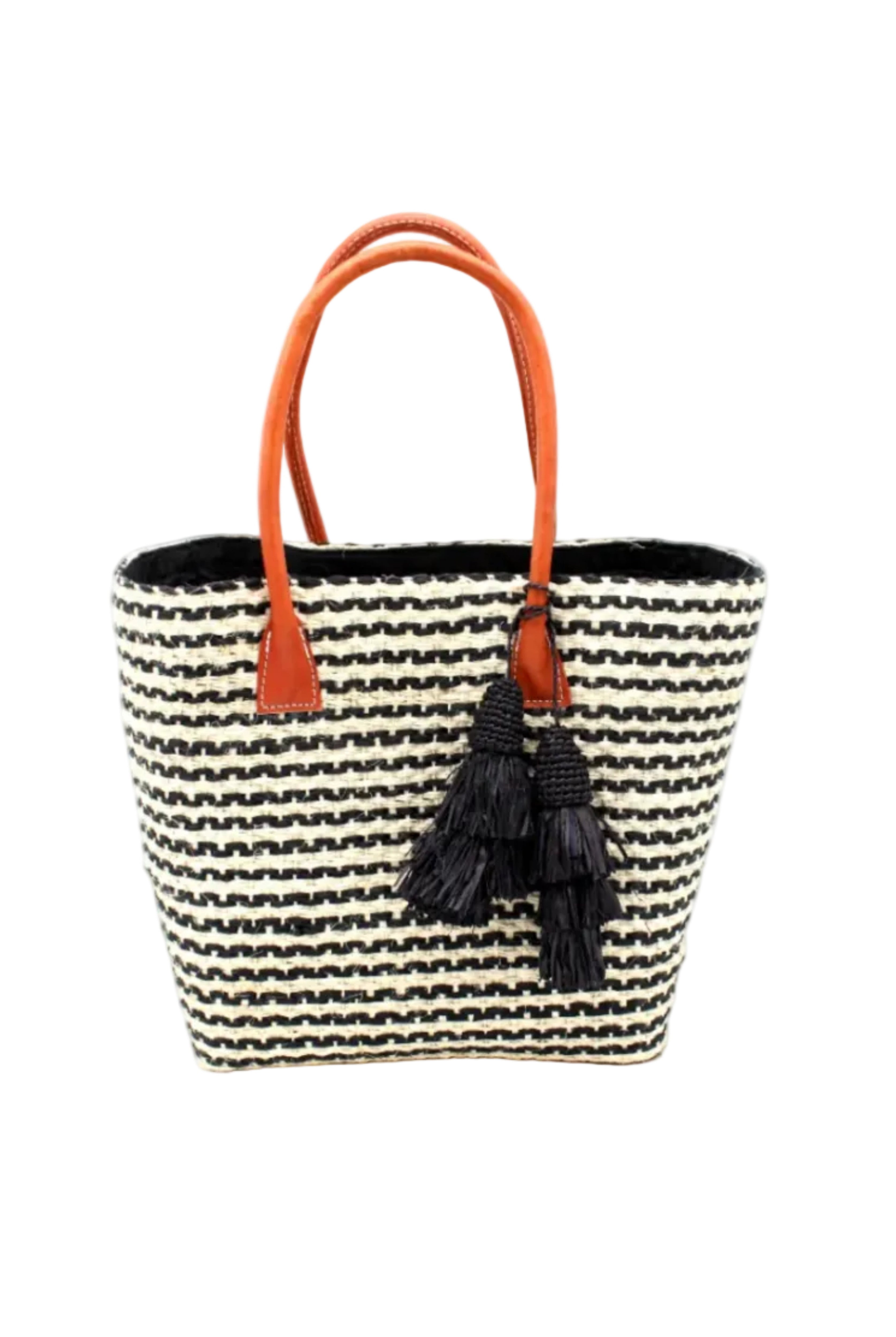 Cancun Small Sisal Basket Bag with Tassel Charm handmade natural sisal fibers woven into even width horizontal bands of black and natural straw color that create a pinstripe pattern with matching knotted raffia tufts tassel charm embellishment and leather handles beach bag - Shebobo