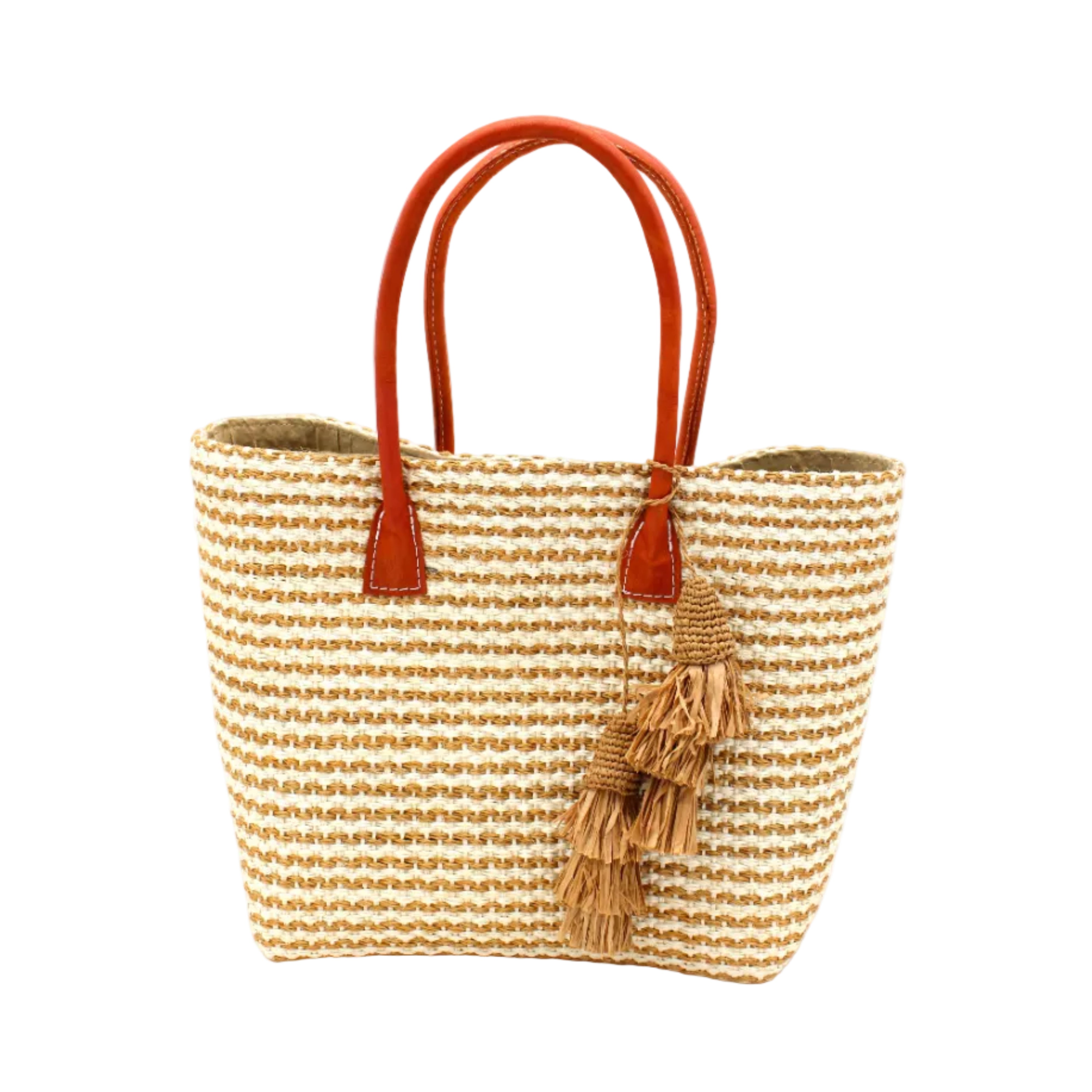 Cancun Small Sisal Basket Bag with Tassel Charm handmade natural sisal fibers woven into even width horizontal bands of cappuccino light brown and natural straw color that create a pinstripe pattern with matching knotted raffia tufts tassel charm embellishment and leather handles beach bag - Shebobo