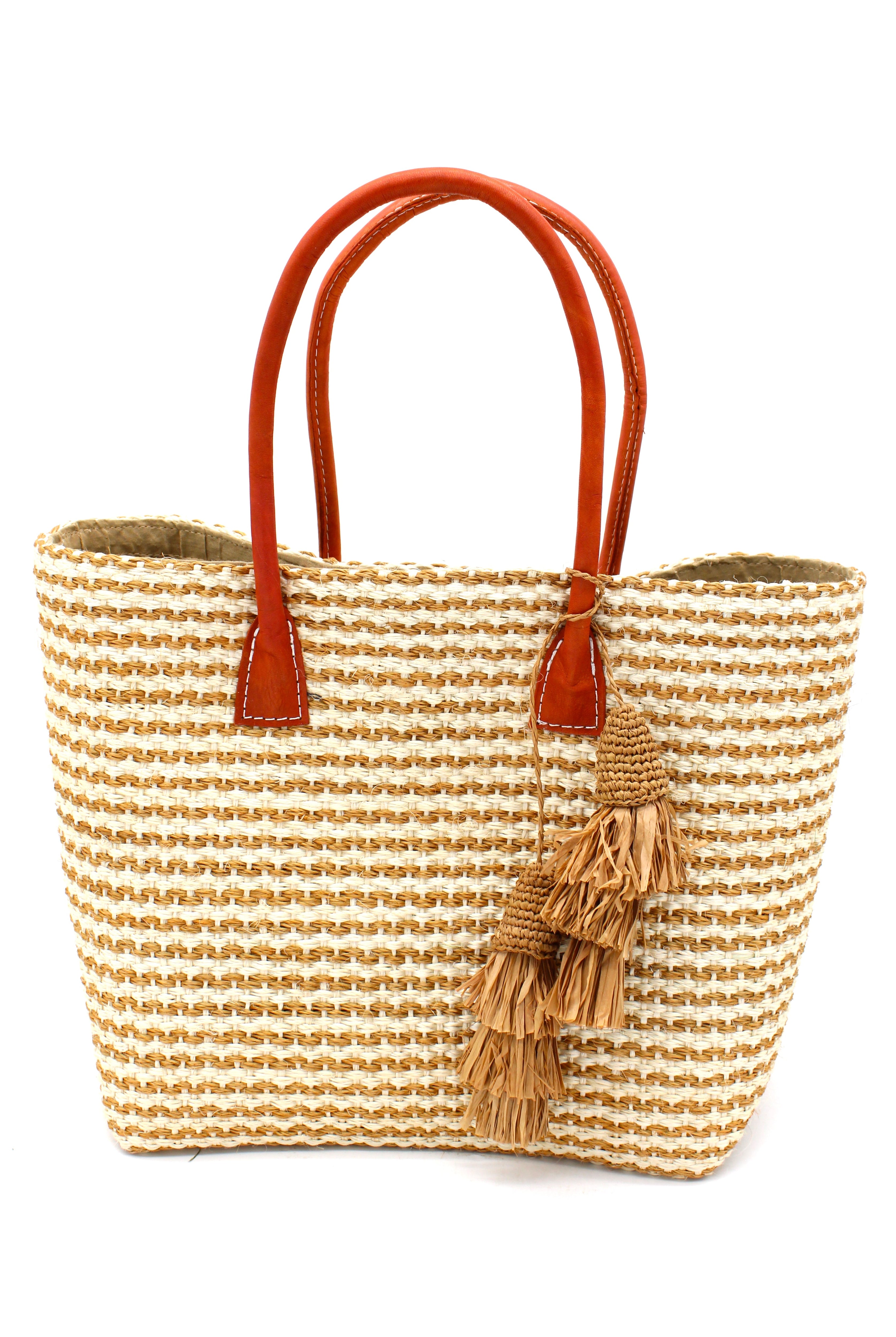 Cancun Small Sisal Basket Bag with Tassel Charm handmade natural sisal fibers woven into even width horizontal bands of cappuccino light brown and natural straw color that create a pinstripe pattern with matching knotted raffia tufts tassel charm embellishment and leather handles beach bag - Shebob