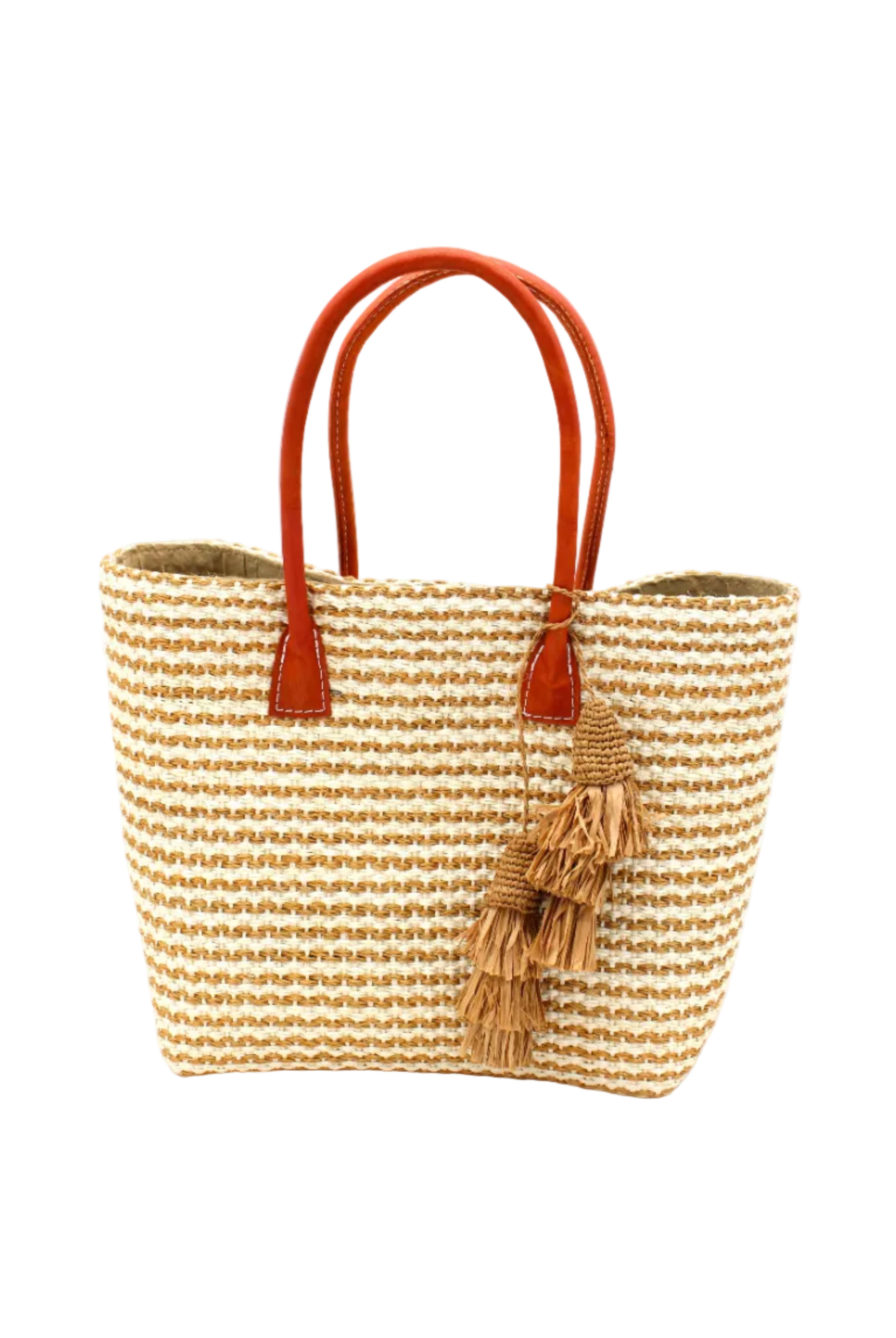 Cancun Small Sisal Basket Bag with Tassel Charm handmade natural sisal fibers woven into even width horizontal bands of cappuccino light brown and natural straw color that create a pinstripe pattern with matching knotted raffia tufts tassel charm embellishment and leather handles beach bag - Shebobo