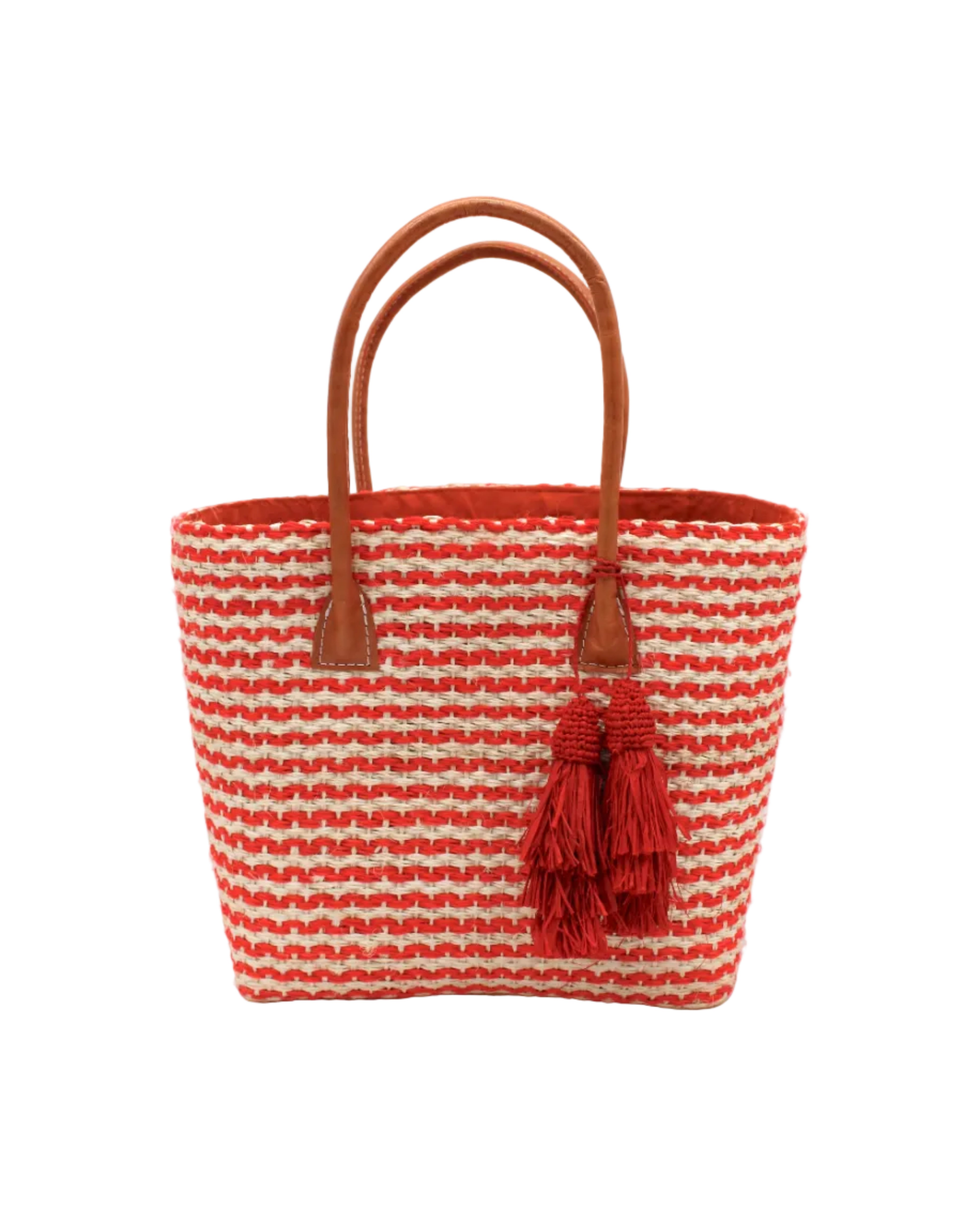 Cancun Small Sisal Basket Bag with Tassel Charm handmade natural sisal fibers woven into even width horizontal bands of coral orange and natural straw color that create a pinstripe pattern with matching knotted raffia tufts tassel charm embellishment and leather handles beach bag - Shebob