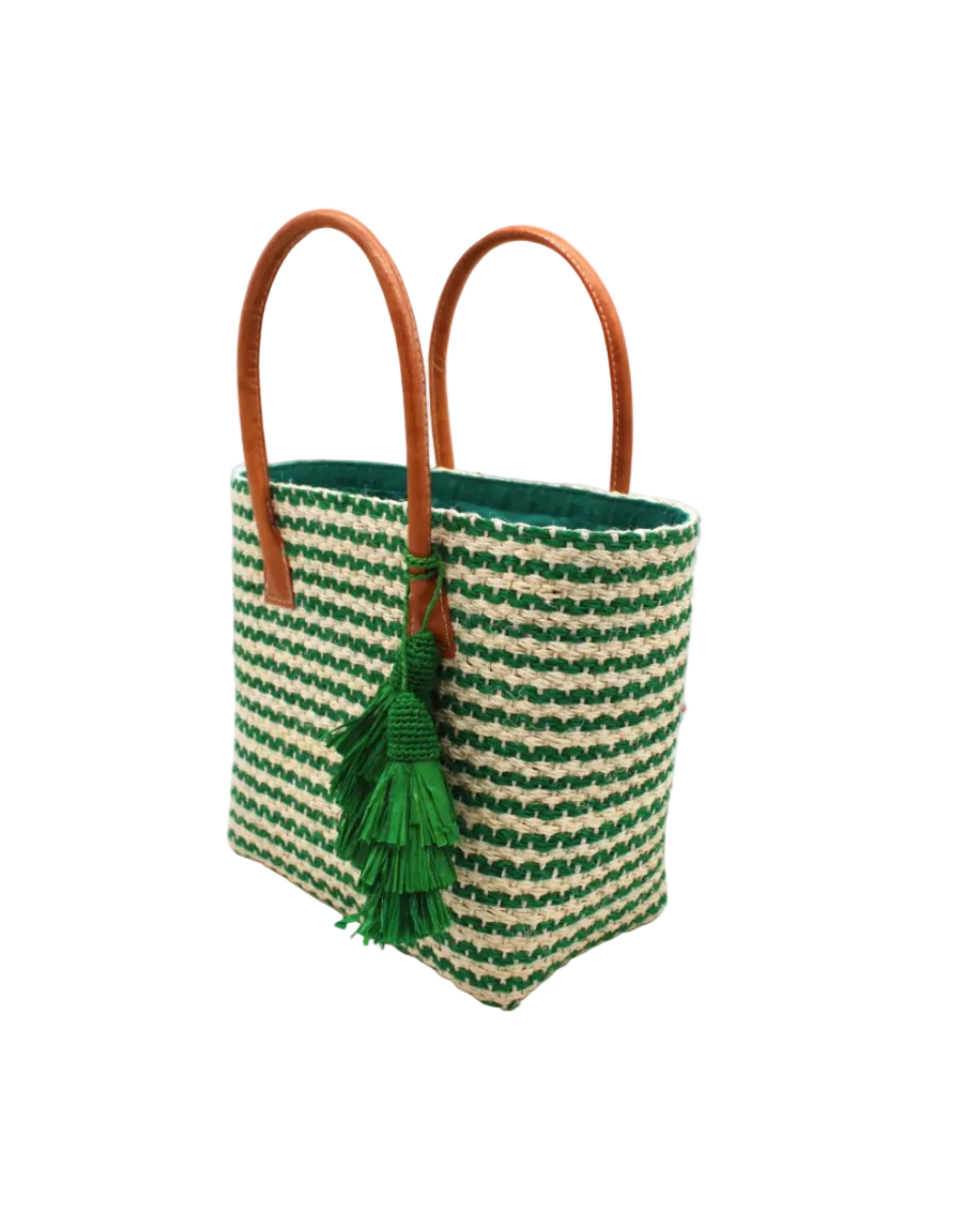 Side view Cancun Small Sisal Basket Bag with Tassel Charm handmade natural sisal fibers woven into even width horizontal bands of deep green and natural straw color that create a pinstripe pattern with matching knotted raffia tufts tassel charm embellishment and leather handles beach bag - Shebobo