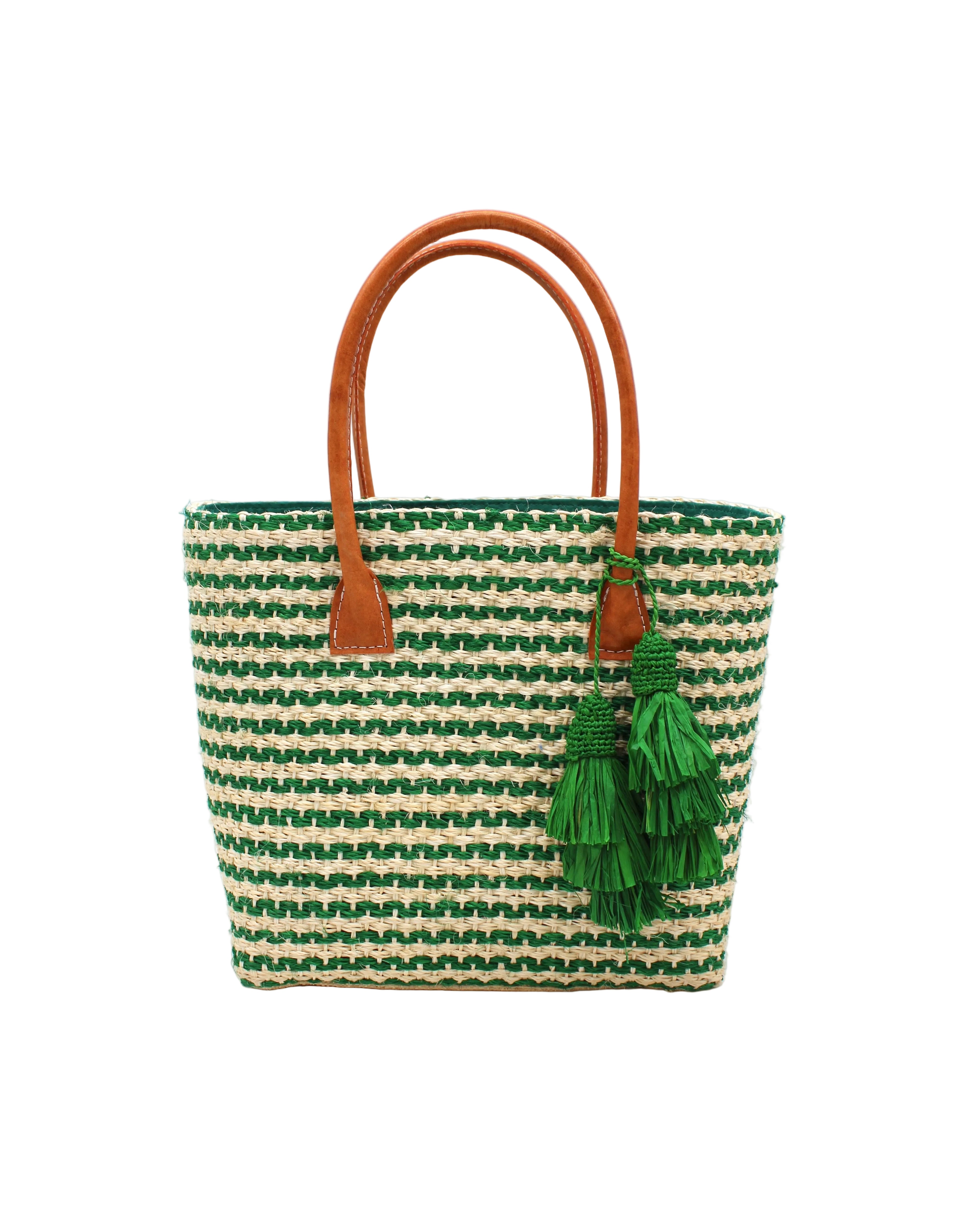 Cancun Small Sisal Basket Bag with Tassel Charm handmade natural sisal fibers woven into even width horizontal bands of deep green and natural straw color that create a pinstripe pattern with matching knotted raffia tufts tassel charm embellishment and leather handles beach bag - Shebob