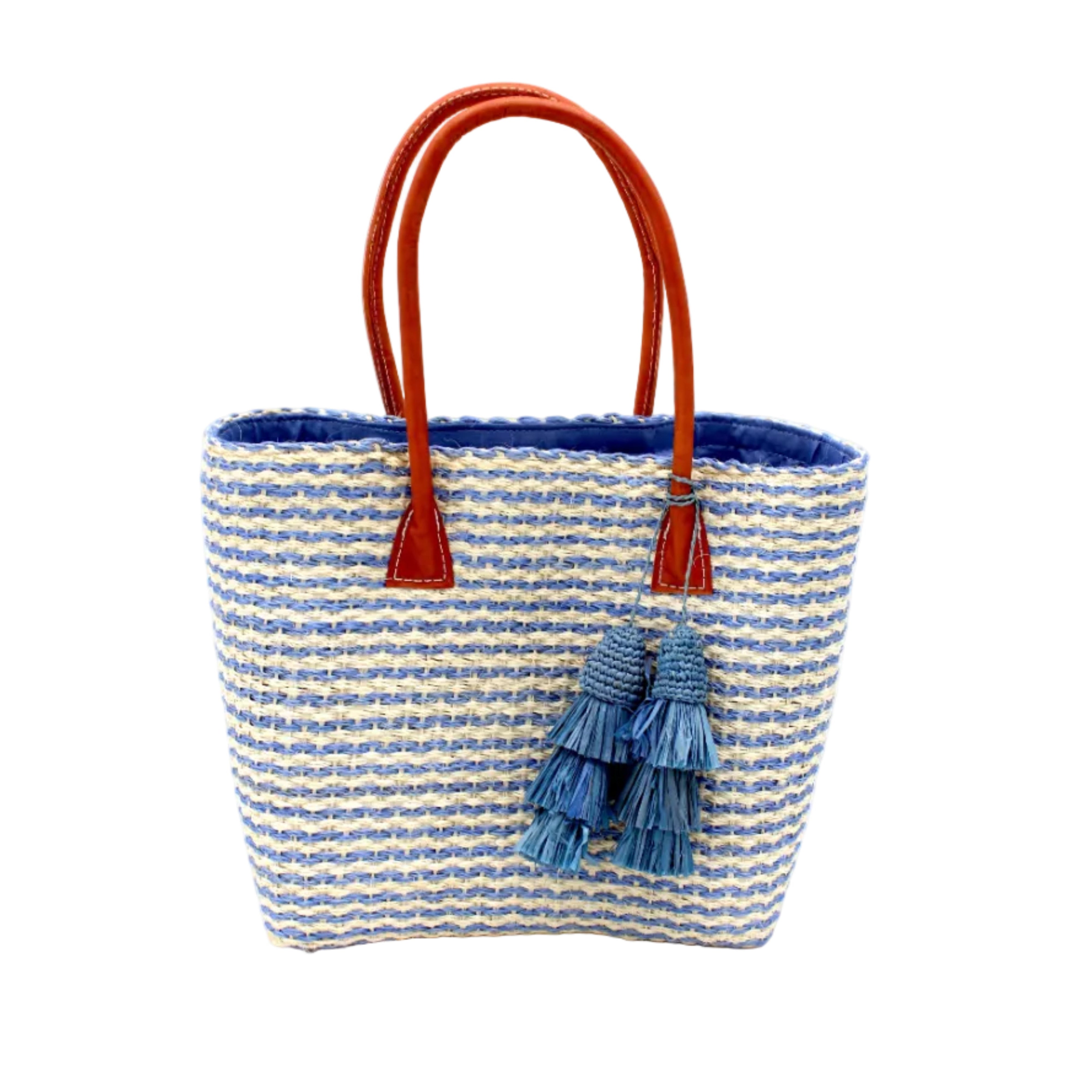 Cancun Small Sisal Basket Bag with Tassel Charm handmade natural sisal fibers woven into even width horizontal bands of denim/retro/light blue and natural straw color that create a pinstripe pattern with matching knotted raffia tufts tassel charm embellishment and leather handles beach bag - Shebobo