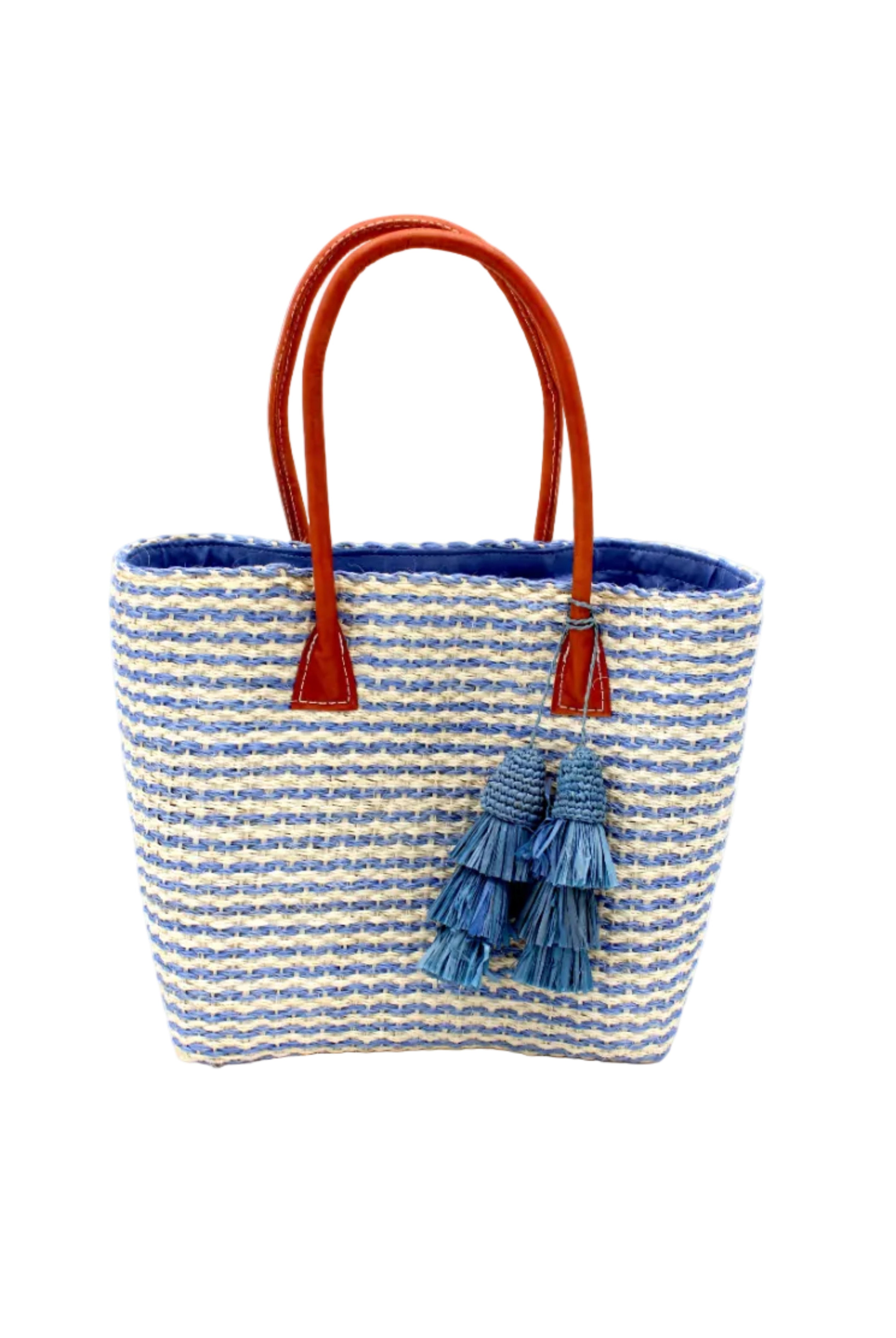Cancun Small Sisal Basket Bag with Tassel Charm handmade natural sisal fibers woven into even width horizontal bands of denim/retro/light blue and natural straw color that create a pinstripe pattern with matching knotted raffia tufts tassel charm embellishment and leather handles beach bag - Shebobo