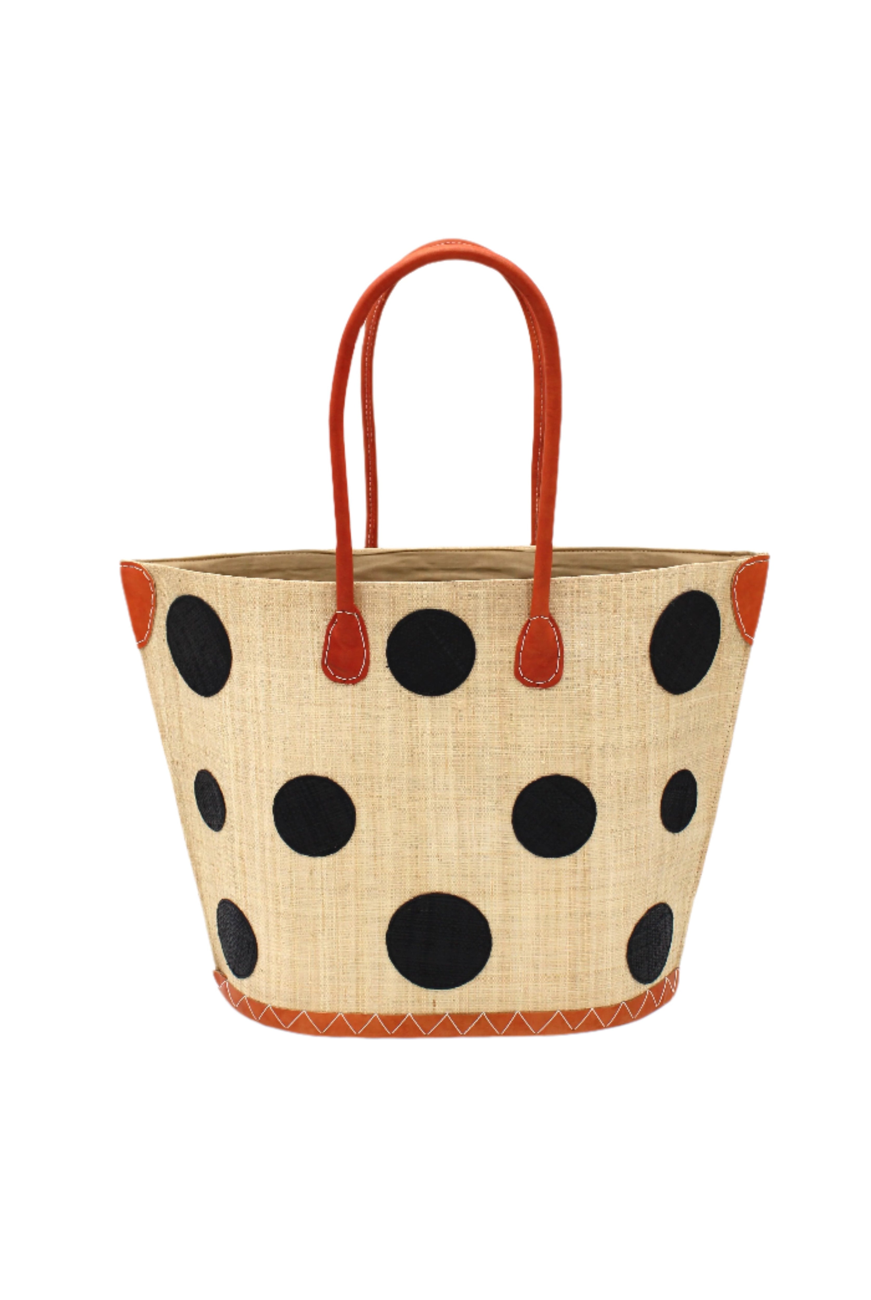 Capri Polka Dot Black Small Straw Tote Bag handmade loomed raffia palm fiber in a solid hue of natural straw color with various sized black dots stitched on in a random pattern with leather handles and accents handbag shoulder bag beach bag - Shebobo