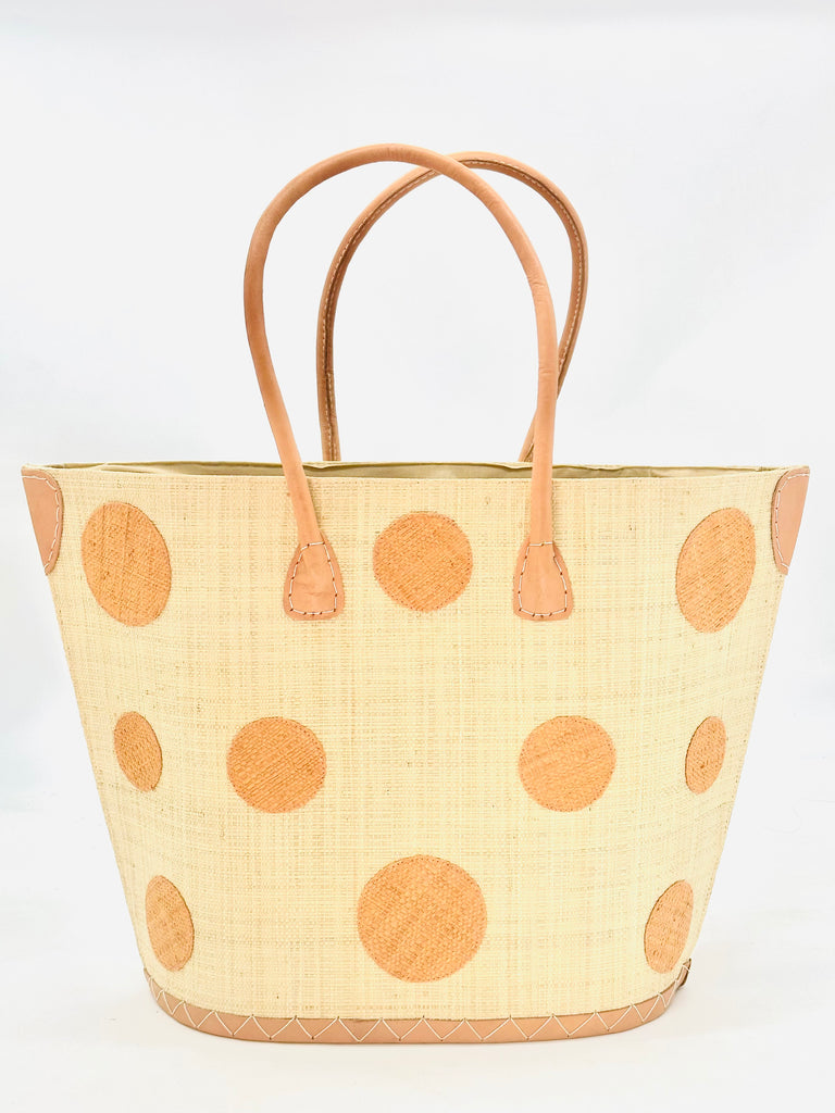 Capri blush pink/orange polka dots pattern on natural straw color raffia tote bag basket with leather handles - Shebobo