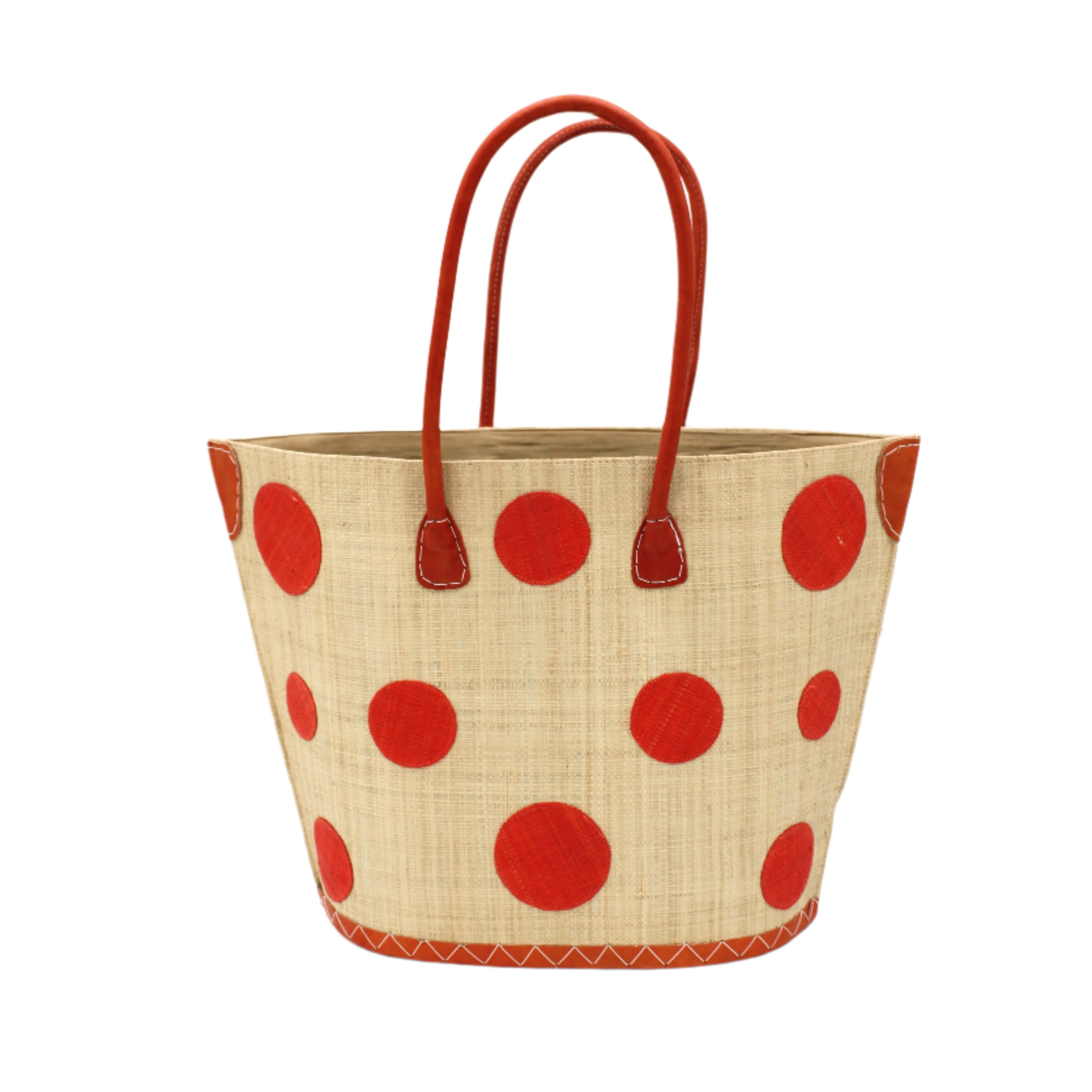 Capri Polka Dot Coral Small Straw Tote Bag handmade loomed raffia palm fiber in a solid hue of natural straw color with various sized coral orange/red dots stitched on in a random pattern with leather handles and accents handbag shoulder bag beach bag - Shebobo