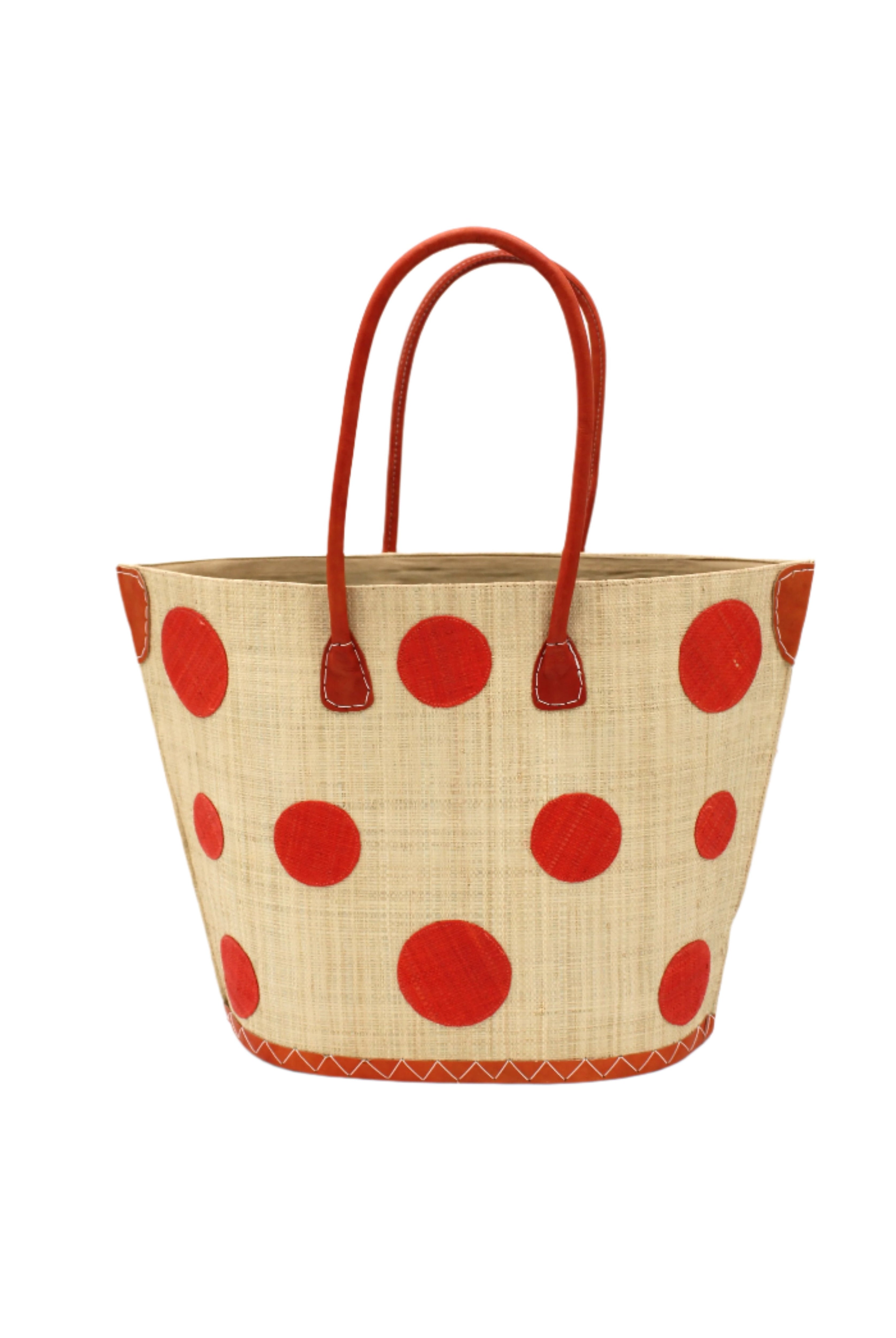 Capri Polka Dot Coral Small Straw Tote Bag handmade loomed raffia palm fiber in a solid hue of natural straw color with various sized coral orange/red dots stitched on in a random pattern with leather handles and accents handbag shoulder bag beach bag - Shebobo