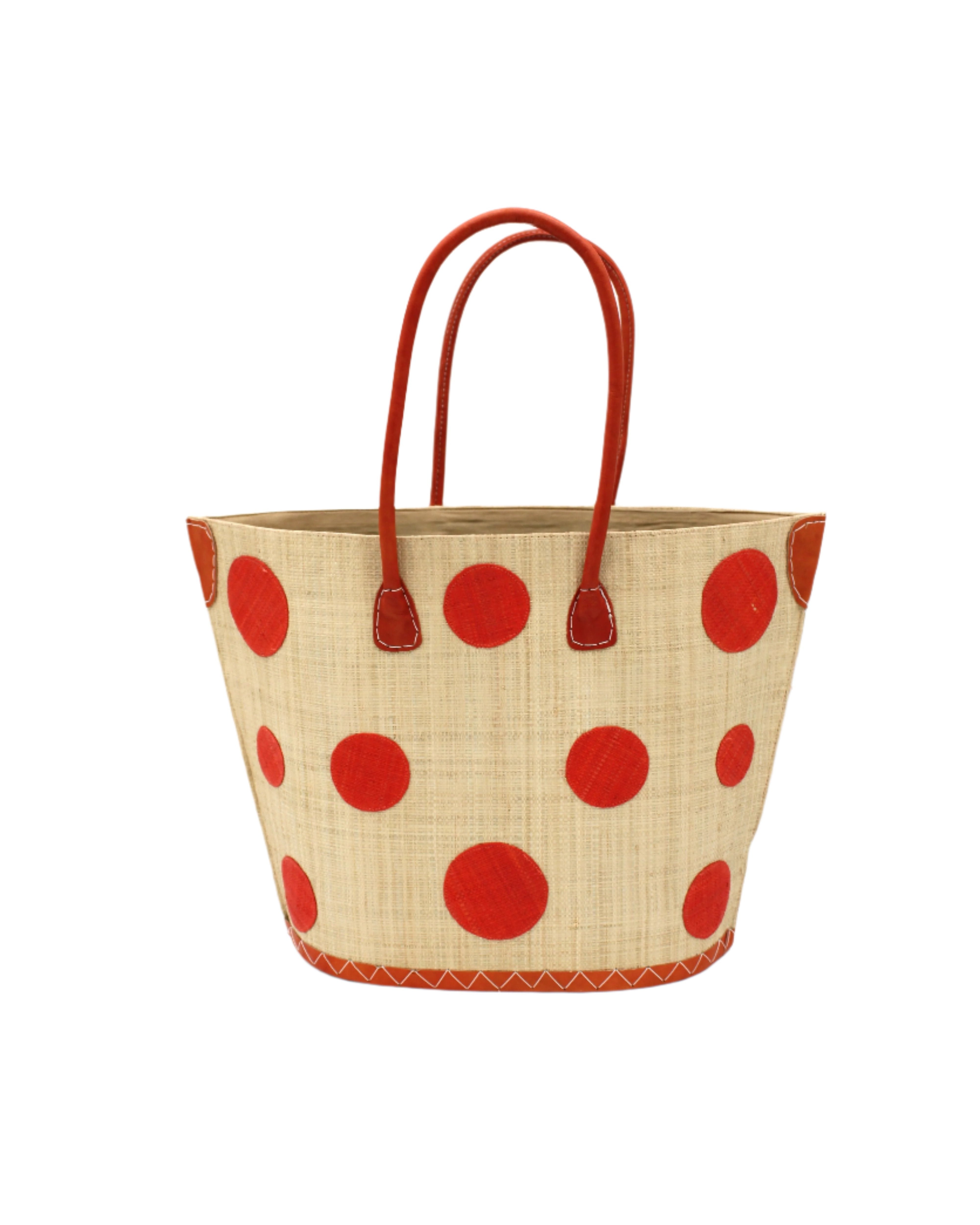 Capri Polka Dot Coral Small Straw Tote Bag handmade loomed raffia palm fiber in a solid hue of natural straw color with various sized coral orange/red dots stitched on in a random pattern with leather handles and accents handbag shoulder bag beach bag - Shebobo