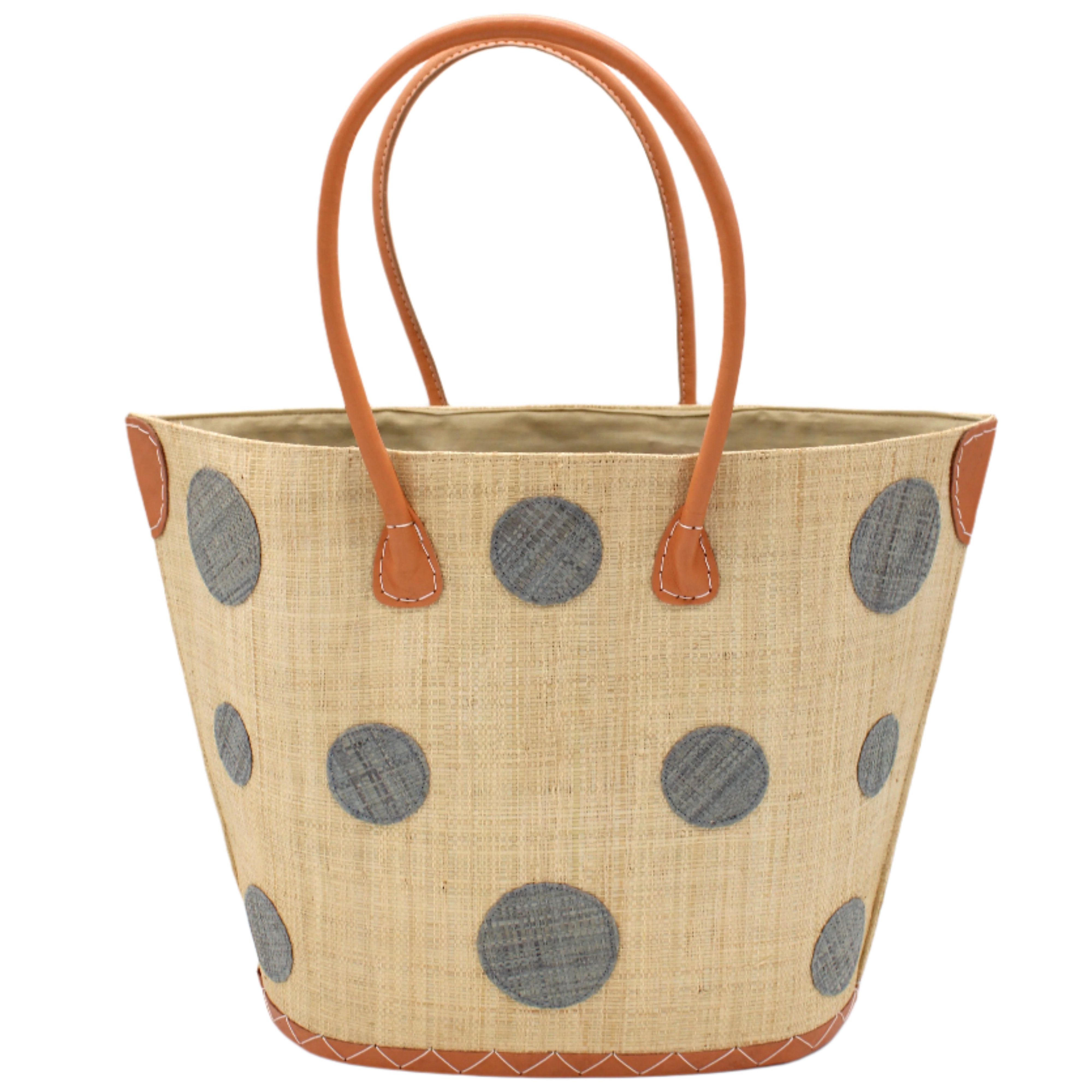 Capri Polka Dot Grey Small Straw Tote Bag handmade loomed raffia palm fiber in a solid hue of natural straw color with various sized grey dots stitched on in a random pattern with leather handles and accents handbag shoulder bag beach bag - Shebobo