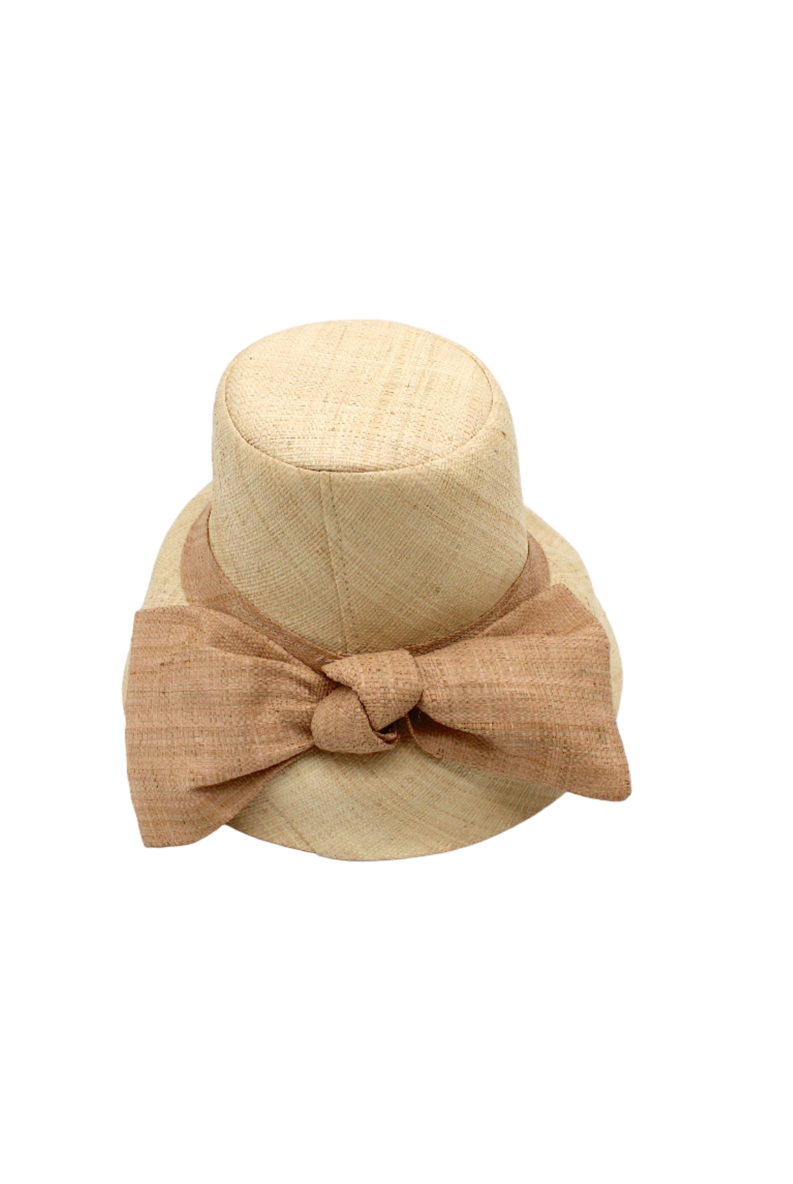 Cara Big Bow Straw Hat Handmade loomed raffia straw hat solid natural bucket hat with large cappuccino tea/light/brown bow - Shebobo