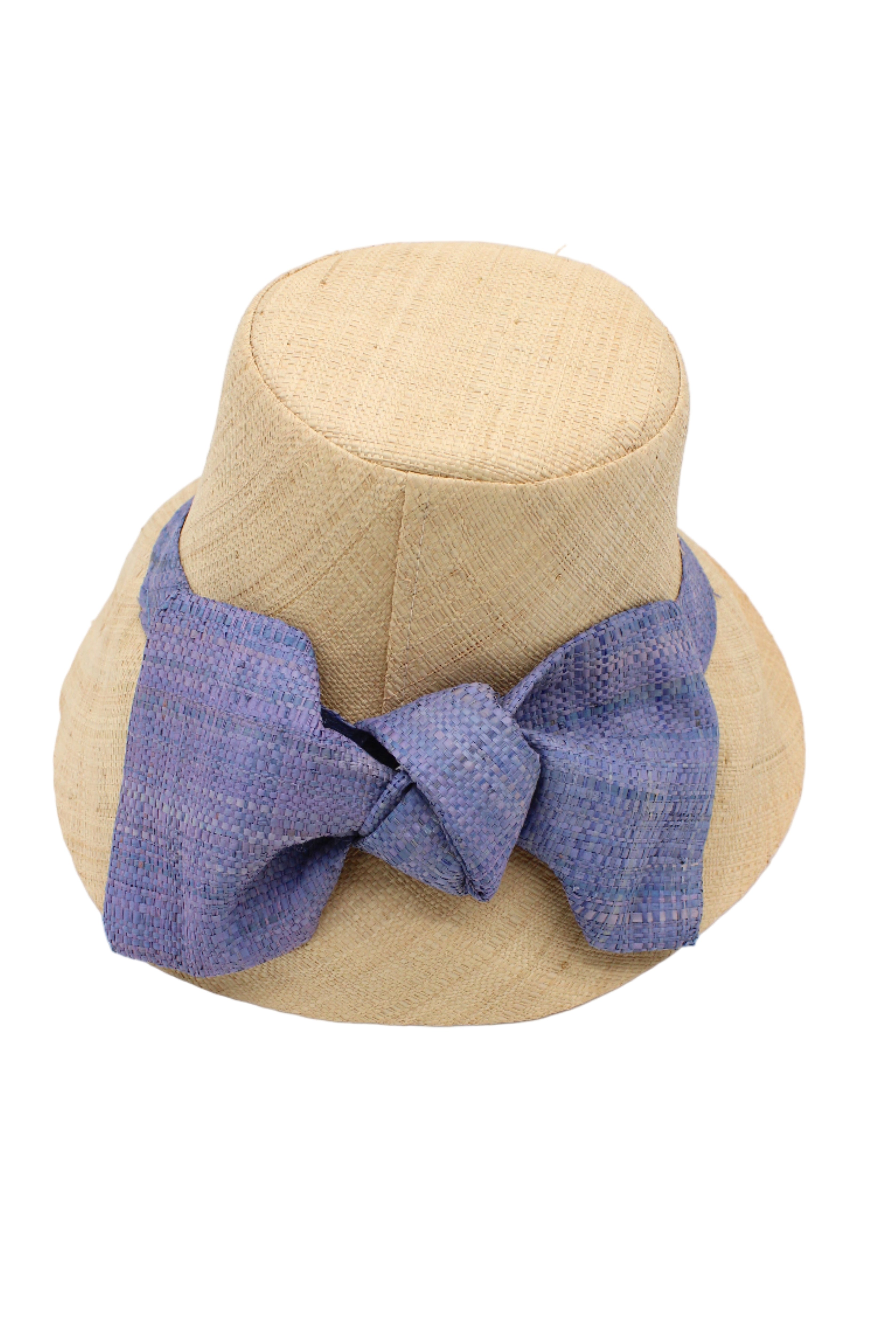 Cara Big Bow Straw Hat Handmade loomed raffia straw hat solid natural bucket hat with large denim retro/light/blue bow - Shebobo