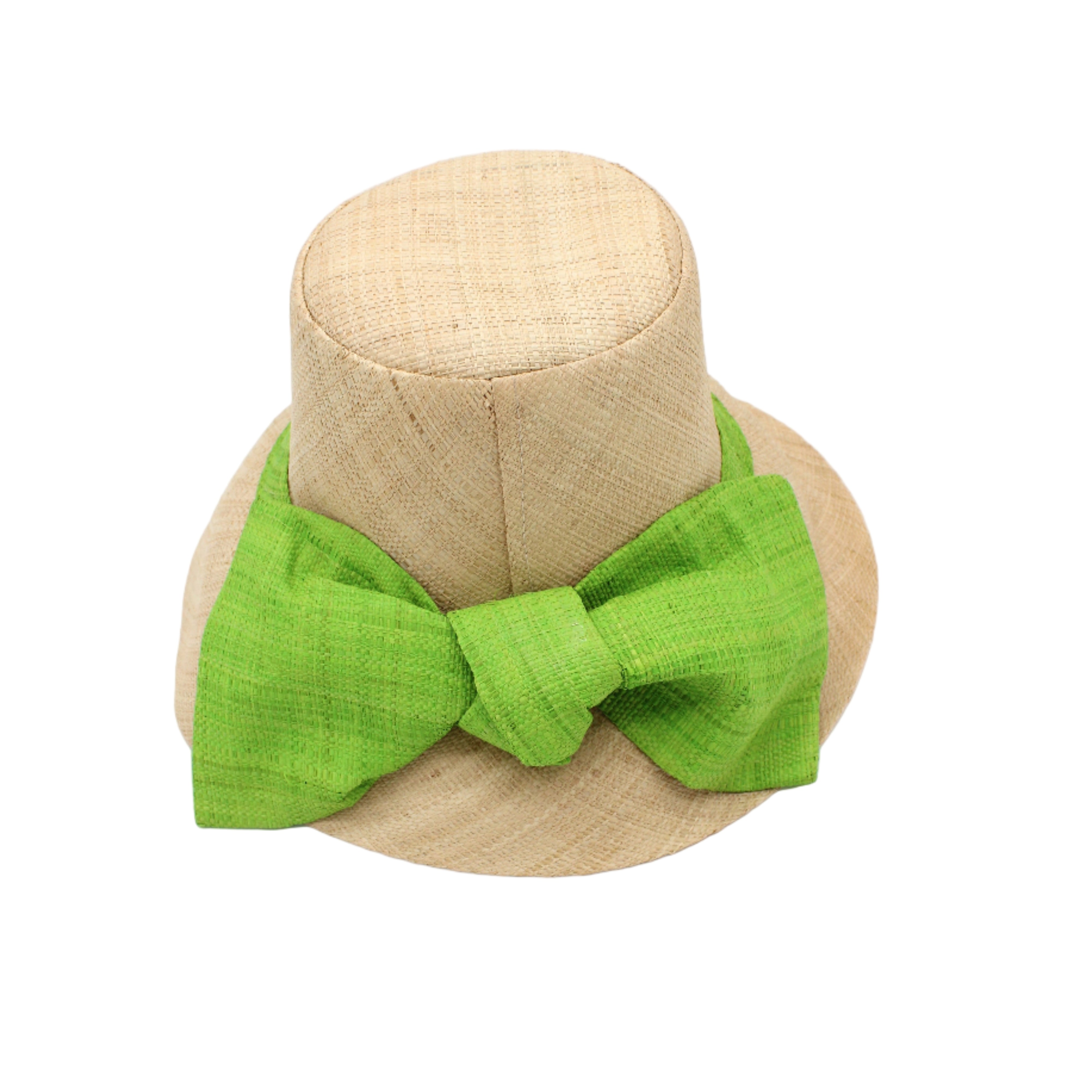Cara Big Bow Straw Hat Handmade loomed raffia straw hat solid natural bucket hat with large midori lime/bright/neon/green bow - Shebobo