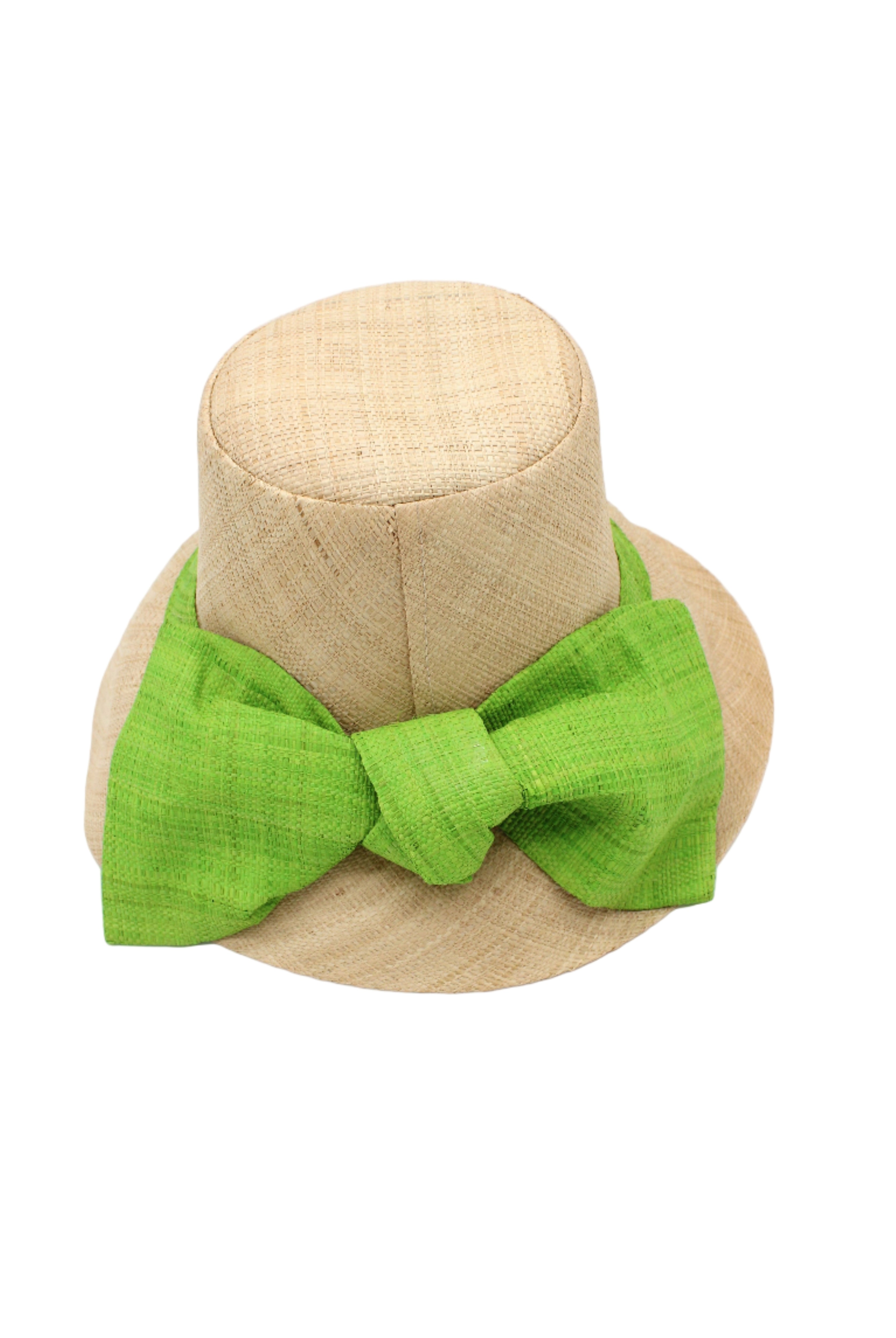 Cara Big Bow Straw Hat Handmade loomed raffia straw hat solid natural bucket hat with large midori lime/bright/neon/green bow - Shebobo