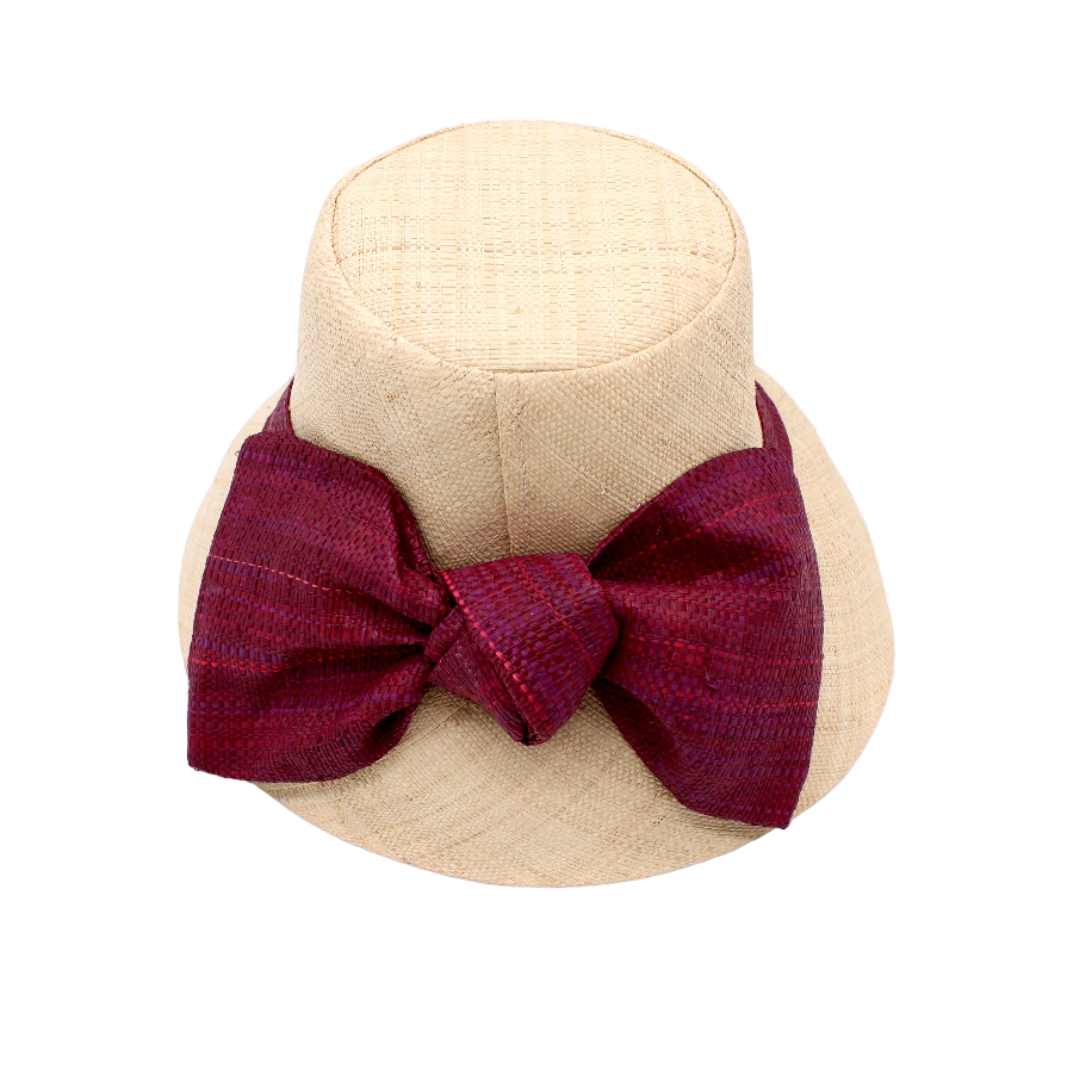 Cara Big Bow Straw Hat Handmade loomed raffia straw hat solid natural bucket hat with large umberwine bordeaux/claret/deep/dark/red/purple bow - Shebobo