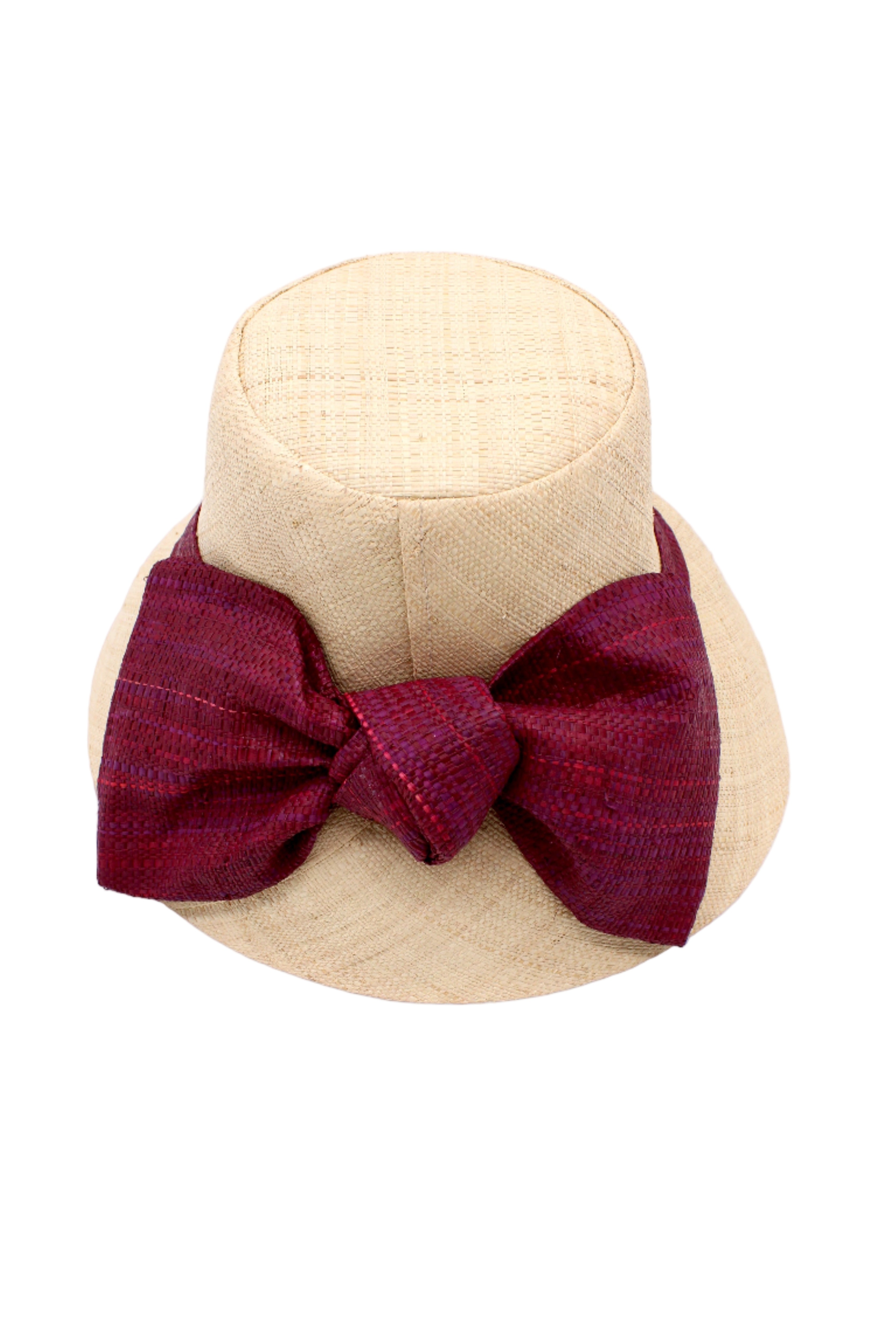 Cara Big Bow Straw Hat Handmade loomed raffia straw hat solid natural bucket hat with large umberwine bordeaux/claret/deep/dark/red/purple bow - Shebobo
