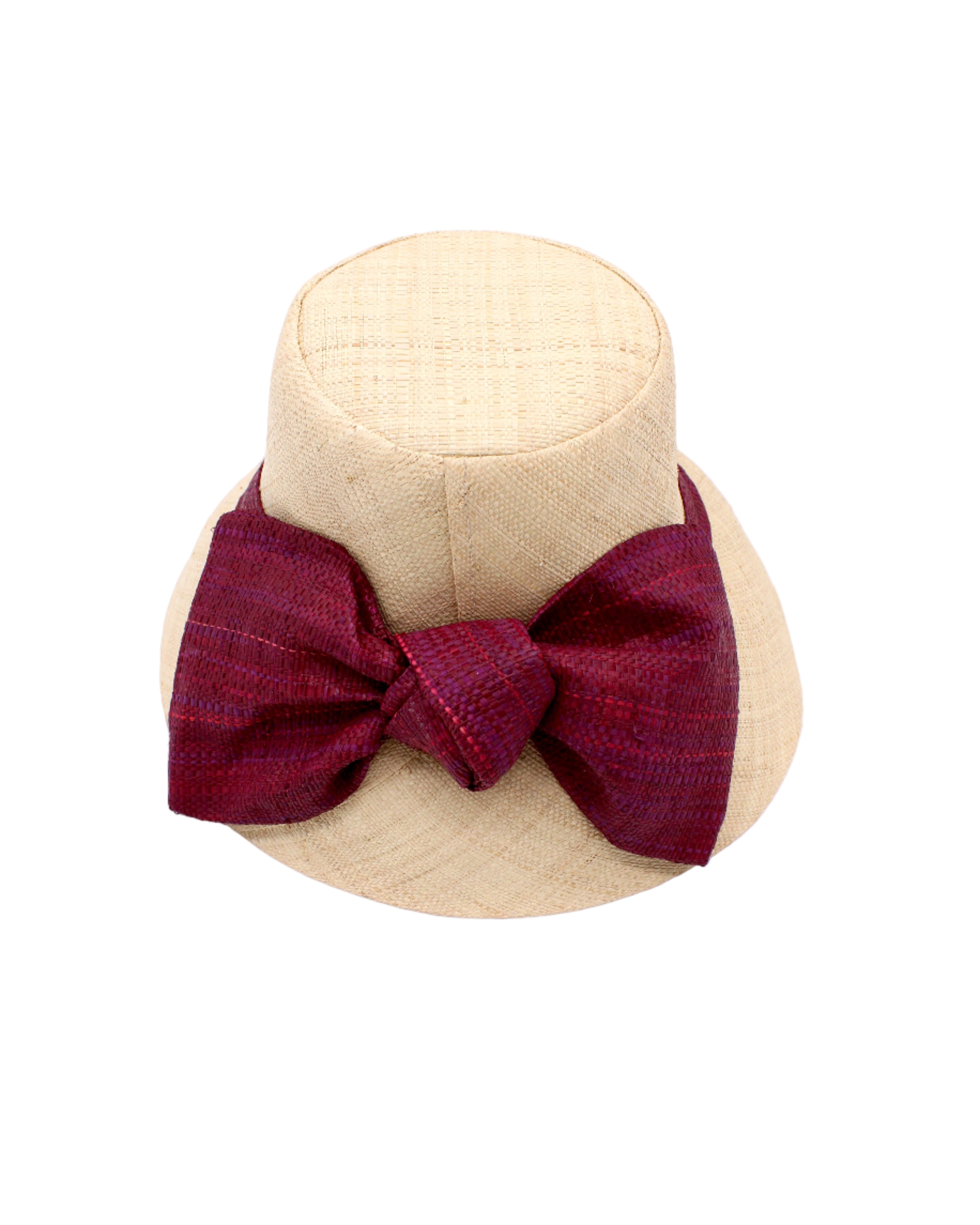 Cara Big Bow Straw Hat Handmade loomed raffia straw hat solid natural bucket hat with large umberwine bordeaux/claret/deep/dark/red/purple bow - Shebobo