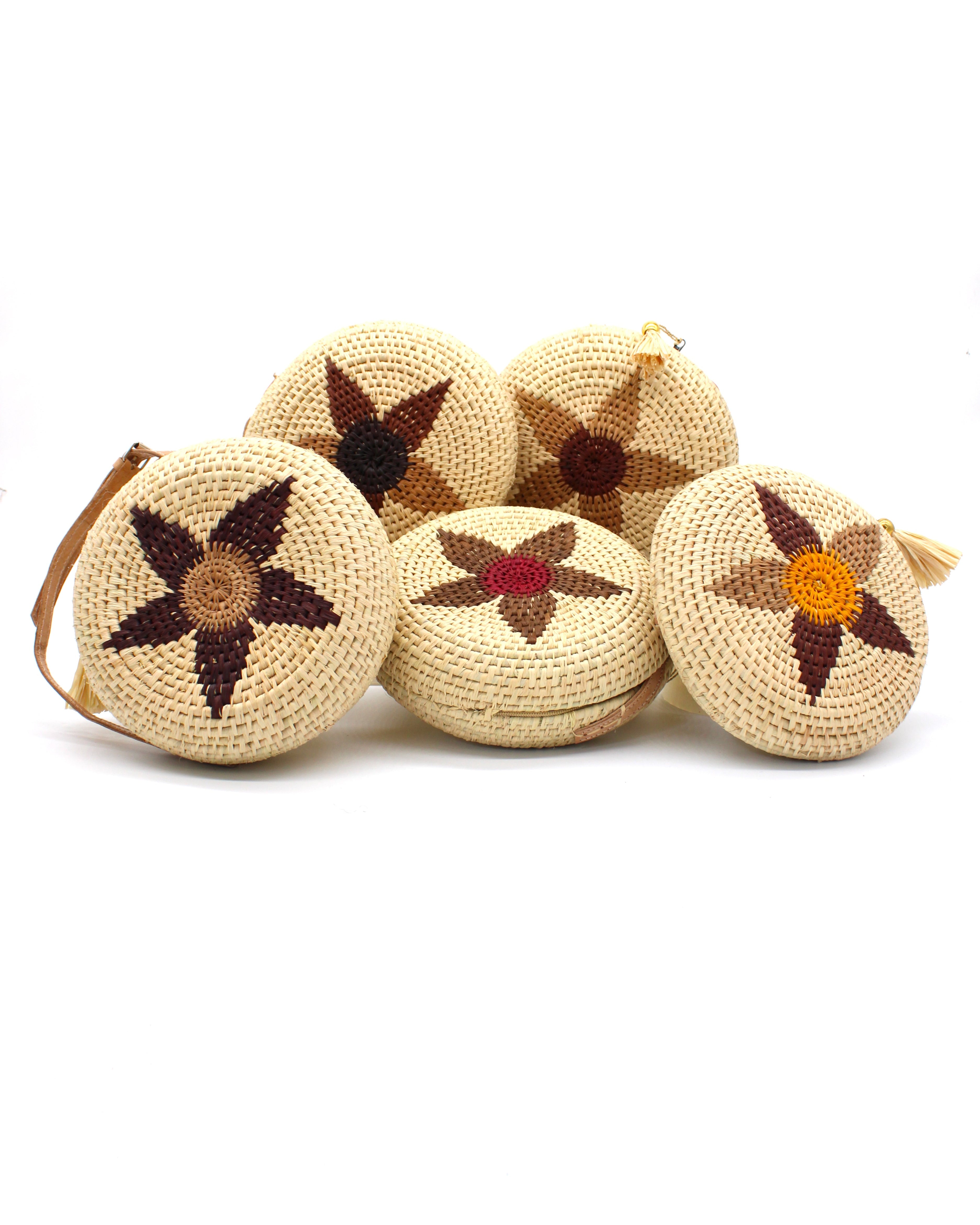 Carmel Crochet Round Flower Crossbody bag with Tassel Assorted Flower colors with adjustable leather strap and tassel zipper pull purse - sold assorted - Shebobo