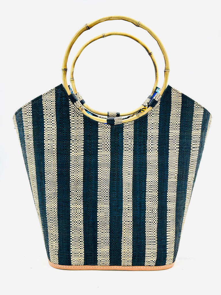 Carmen Solid/Stripes Straw Bucket Bag with Bamboo Handles Black Stripes handmade loomed raffia in even vertical bands of black and natural straw color stripe pattern handbag with assorted liners of African print fabric - Shebobo