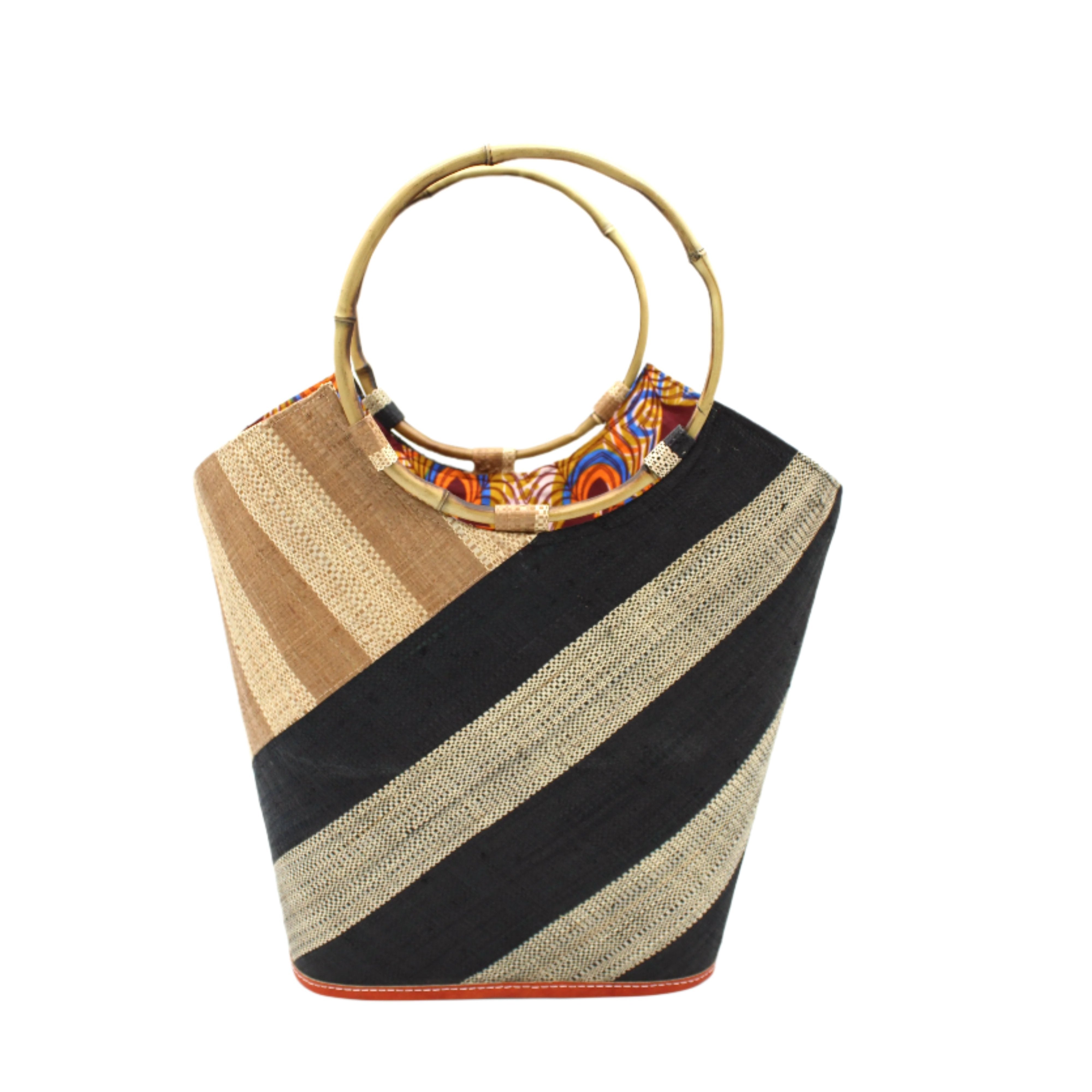 Carmen Double Wide Stripe Black & Cappuccino Straw Bucket Bag w/ Bamboo Handle handmade loomed raffia palm fiber in even width wide stripe pattern of black and natural straw color oriented on the diagonal of three quarters of the bag with matching stripe pattern of cappuccino tea/light/brown and natural diagonally on the top left corner quarter shoulder bag handbag - Shebobo