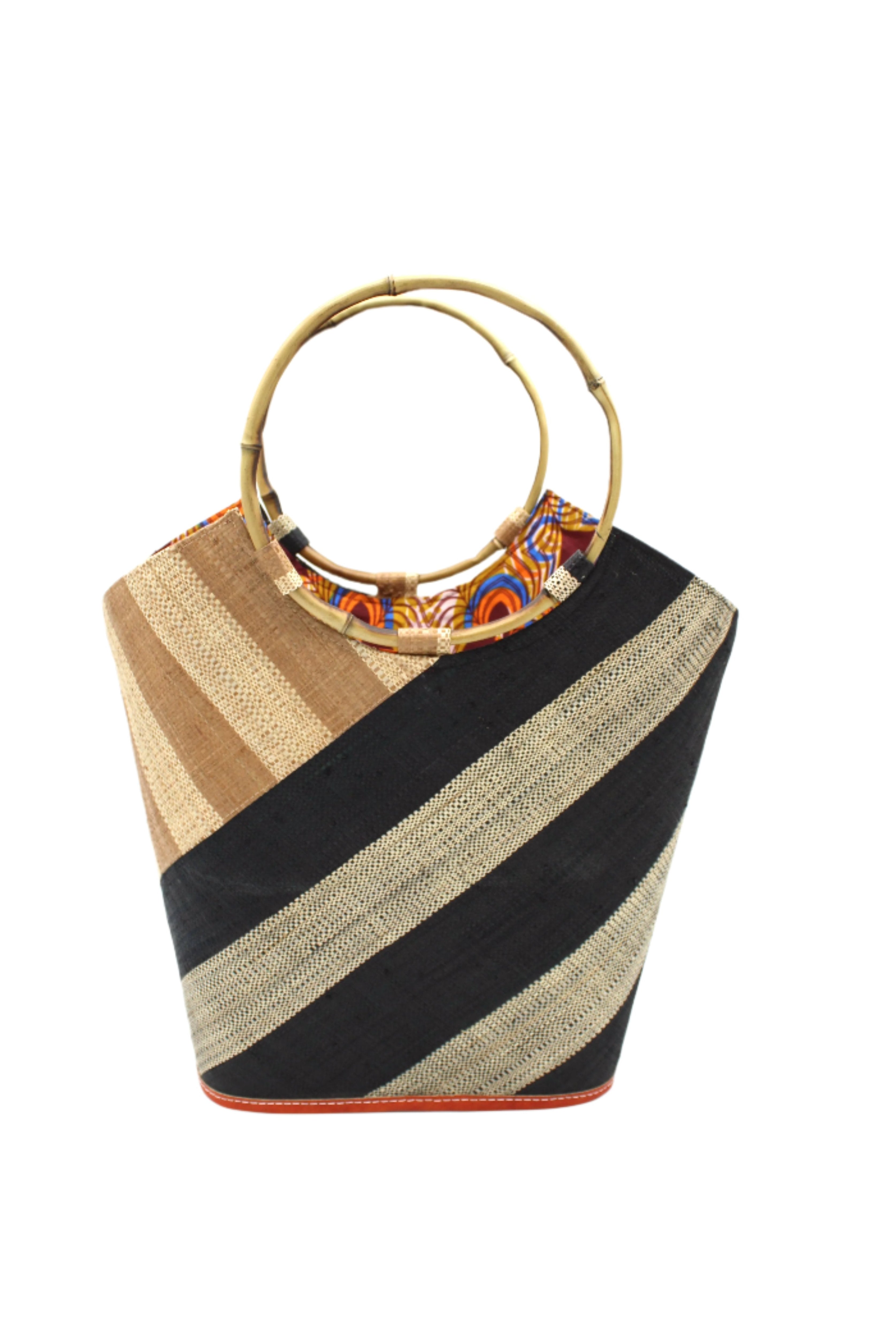 Carmen Double Wide Stripe Black & Cappuccino Straw Bucket Bag w/ Bamboo Handle handmade loomed raffia palm fiber in even width wide stripe pattern of black and natural straw color oriented on the diagonal of three quarters of the bag with matching stripe pattern of cappuccino tea/light/brown and natural diagonally on the top left corner quarter shoulder bag handbag - Shebobo