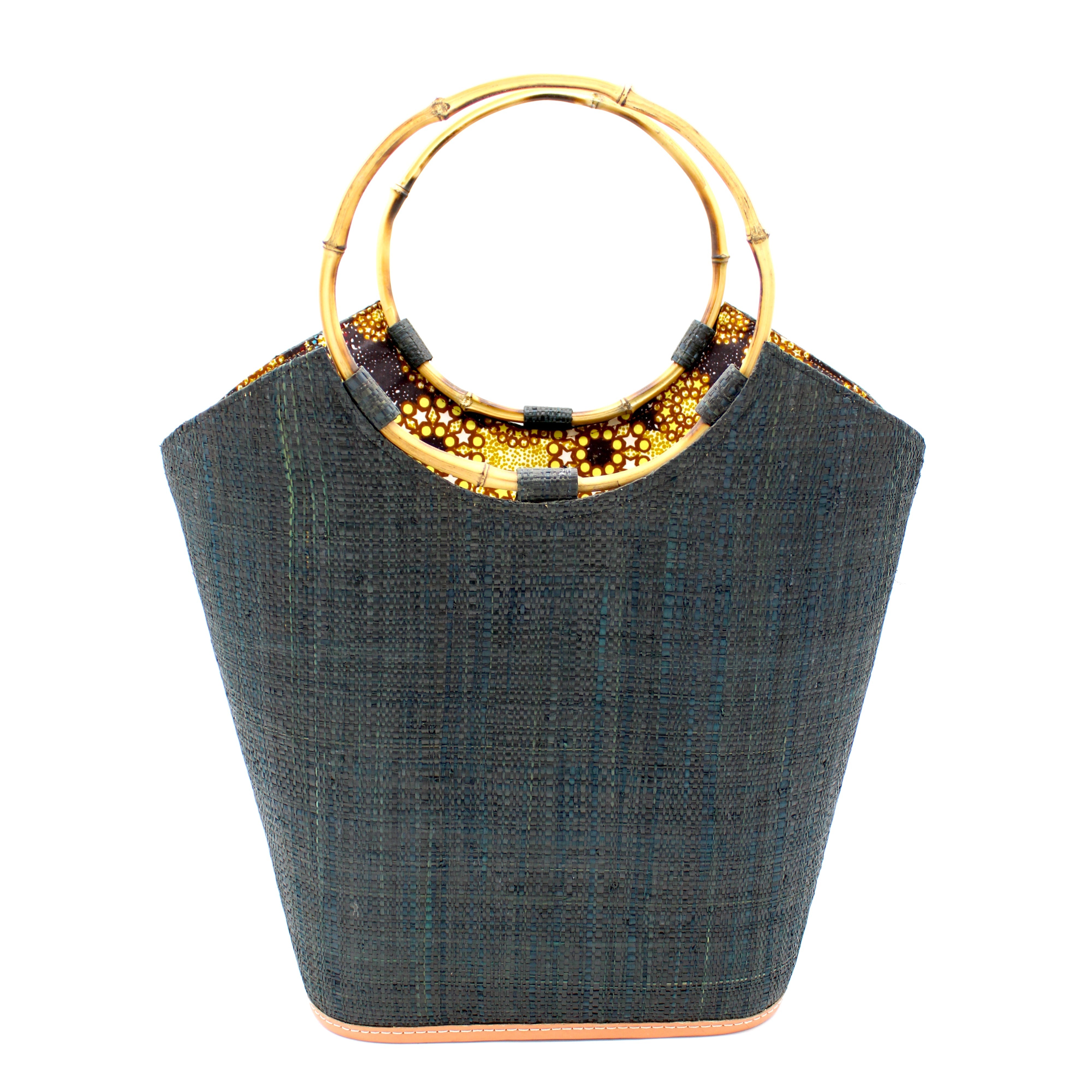 Carmen Black Straw Bucket Bag with Bamboo Handles handmade loomed raffia in a solid hue of black with assorted African print fabric liner handbag - Shebobo