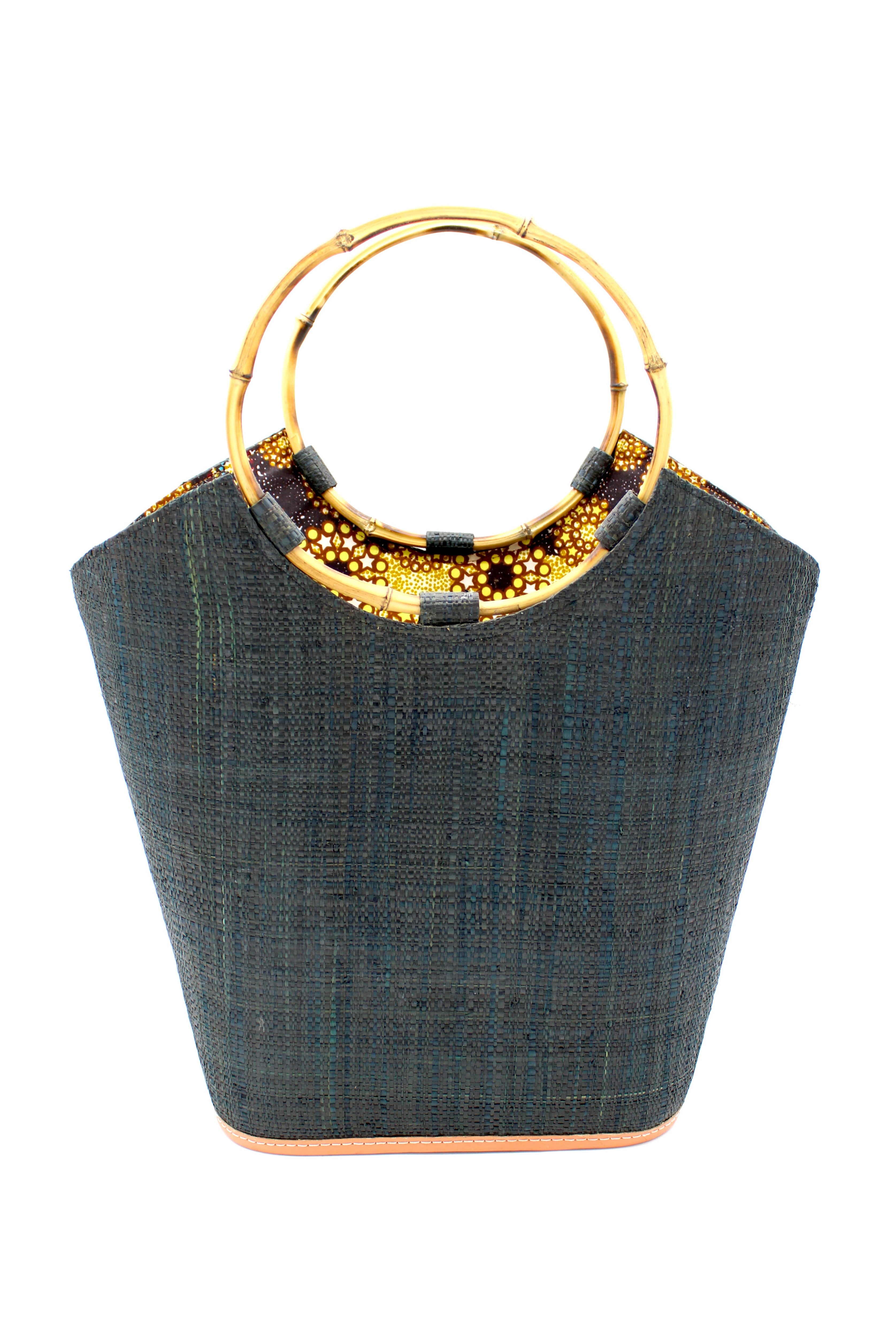 Carmen Black Straw Bucket Bag with Bamboo Handles handmade loomed raffia in a solid hue of black with assorted African print fabric liner handbag - Shebobo