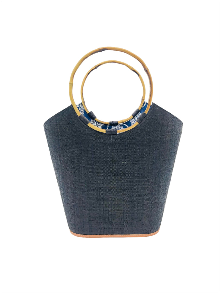 Carmen Black Straw Bucket Bag with Bamboo Handles handmade loomed raffia in a solid hue of black with assorted African print fabric liner handbag - Shebobo