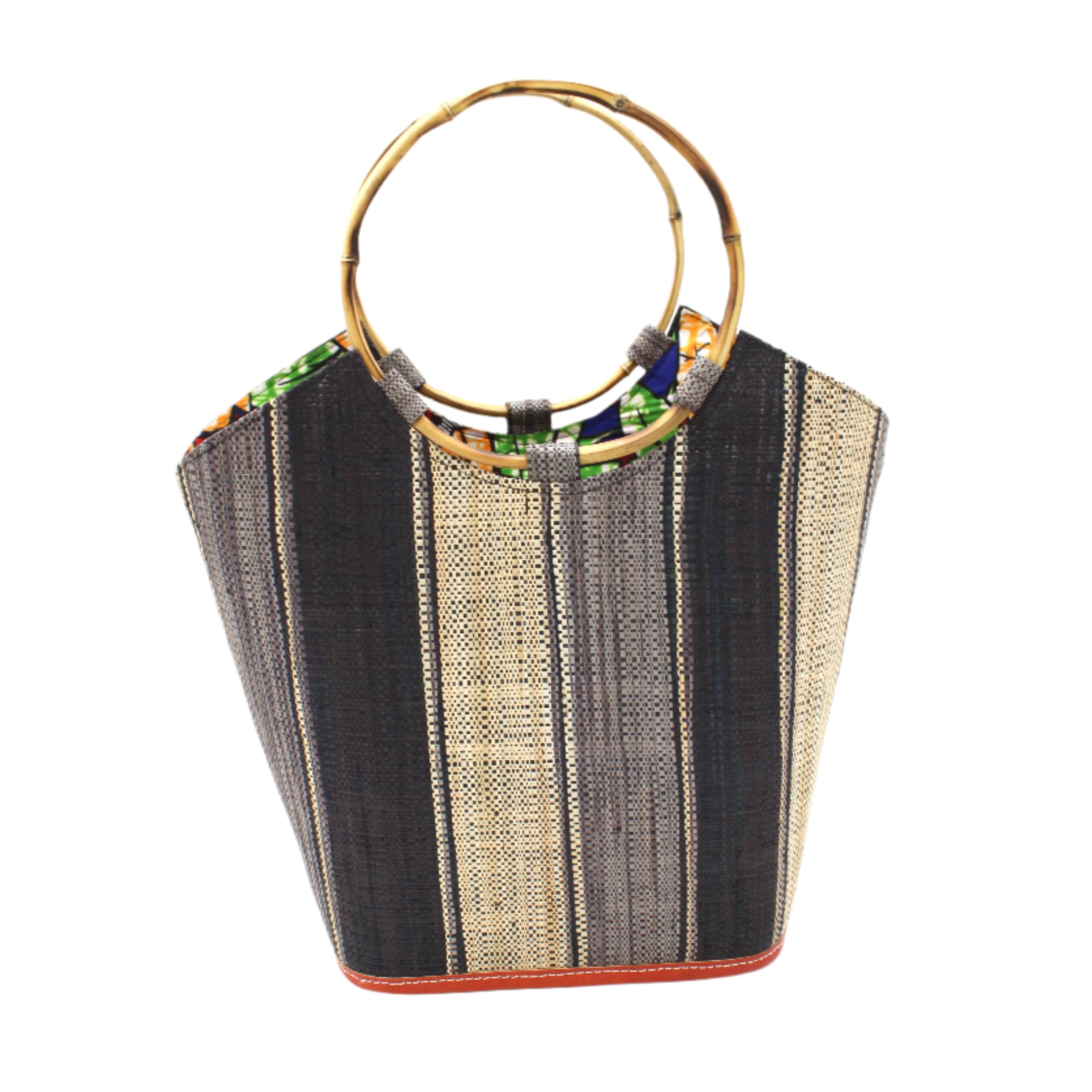 Carmen Straw Bucket Bag with Bamboo Handles Black Swirl multicolor vertical stripe pattern of natural straw color, grey, and black with assorted liner purse - Shebobo
