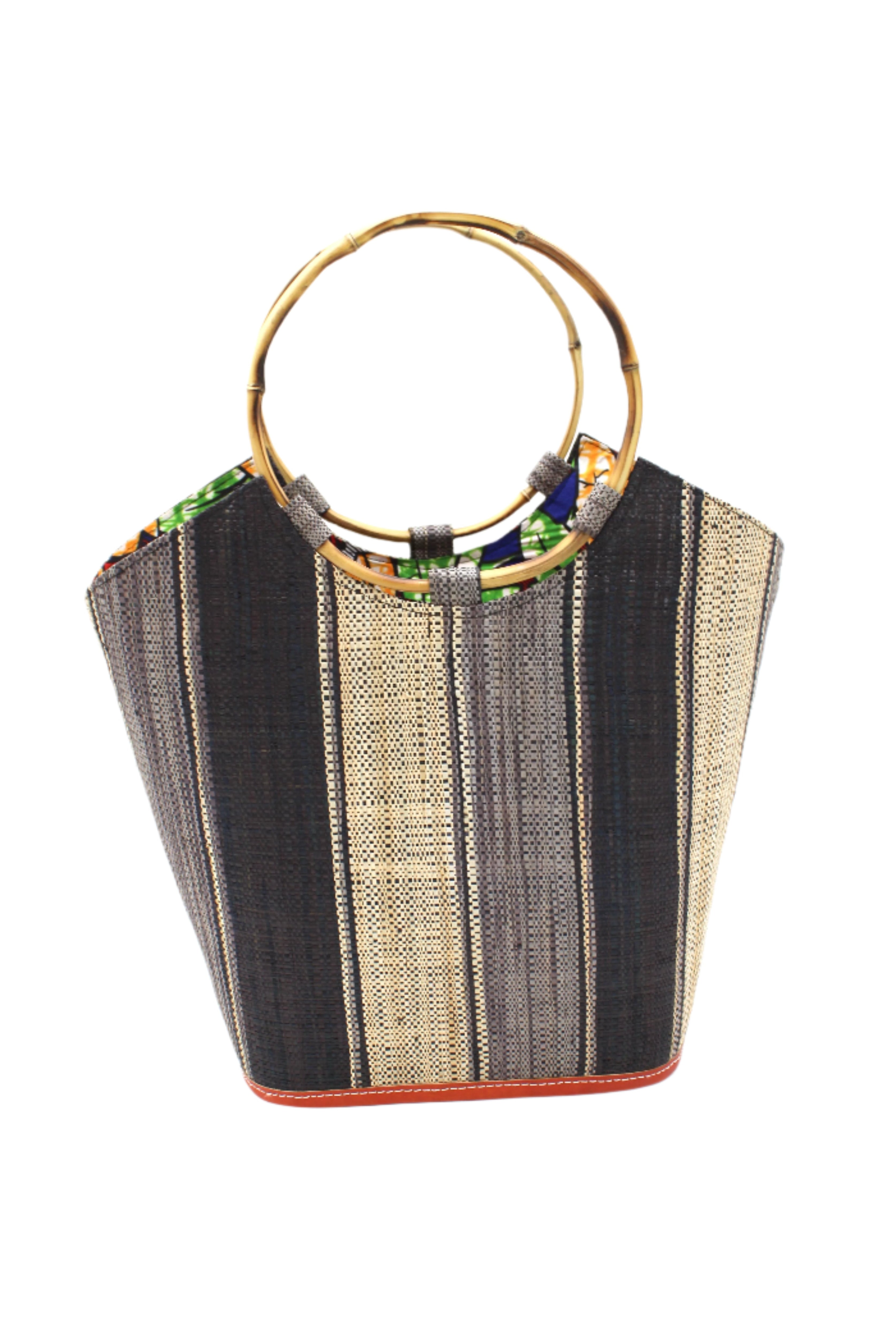 Carmen Straw Bucket Bag with Bamboo Handles Black Swirl multicolor vertical stripe pattern of natural straw color, grey, and black with assorted liner purse - Shebobo