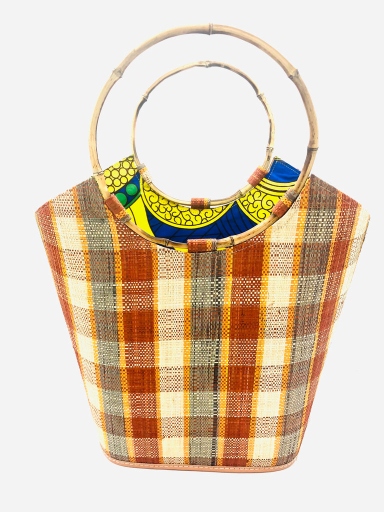 Carmen Straw Bucket Bag with Bamboo Handles Caramel Multi Gingham handmade loomed raffia in a plaid pattern of natural straw color, saffron yellow, grey, and caramel orange/brown with assorted liners of African print fabric purse handbag - Shebobo
