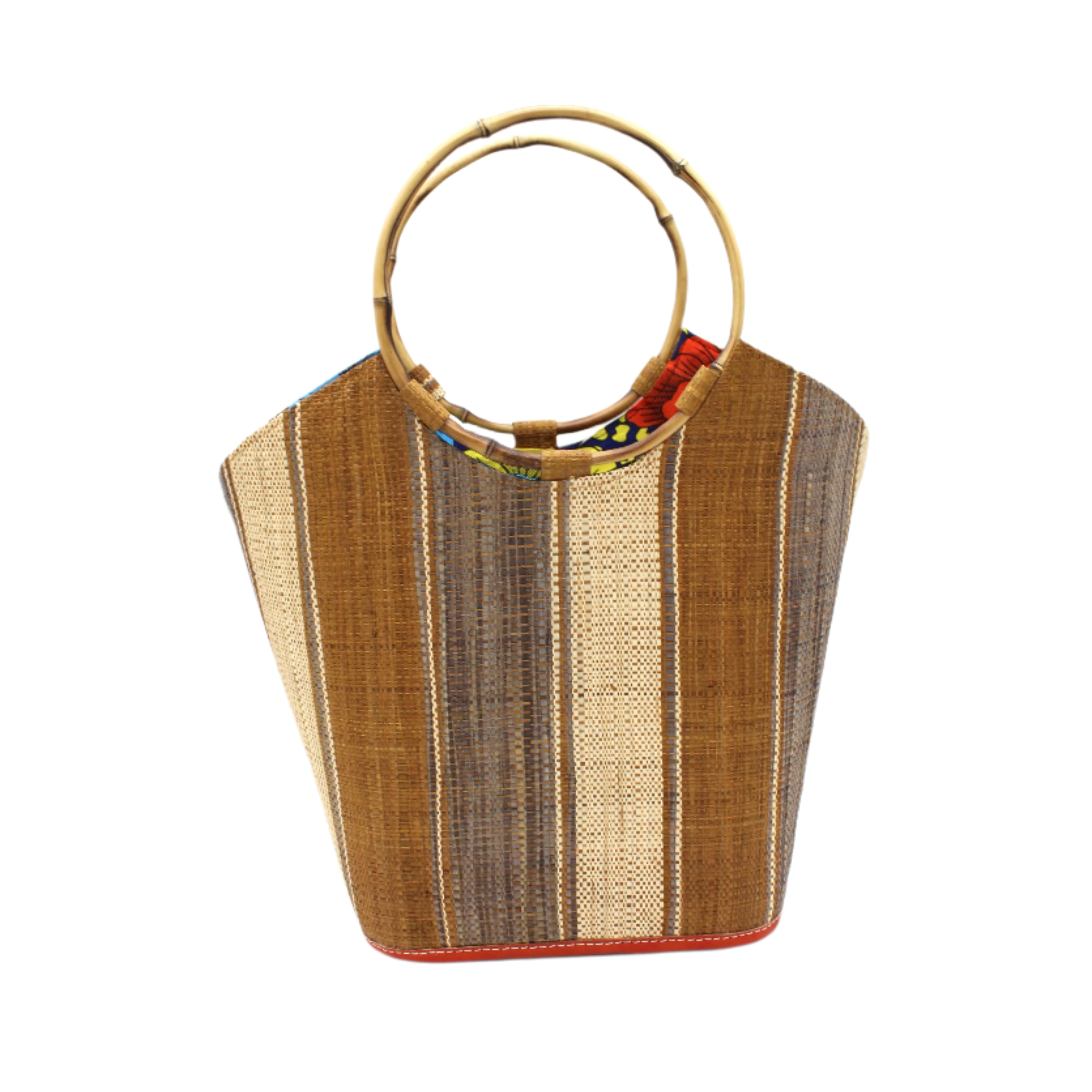 Carmen Straw Bucket Bag with Bamboo Handles Cinnamon Swirl multicolor vertical stripe pattern of natural straw color, cinnamon/tobacco/dark/brown, and grey with assorted liner purse - Shebobo