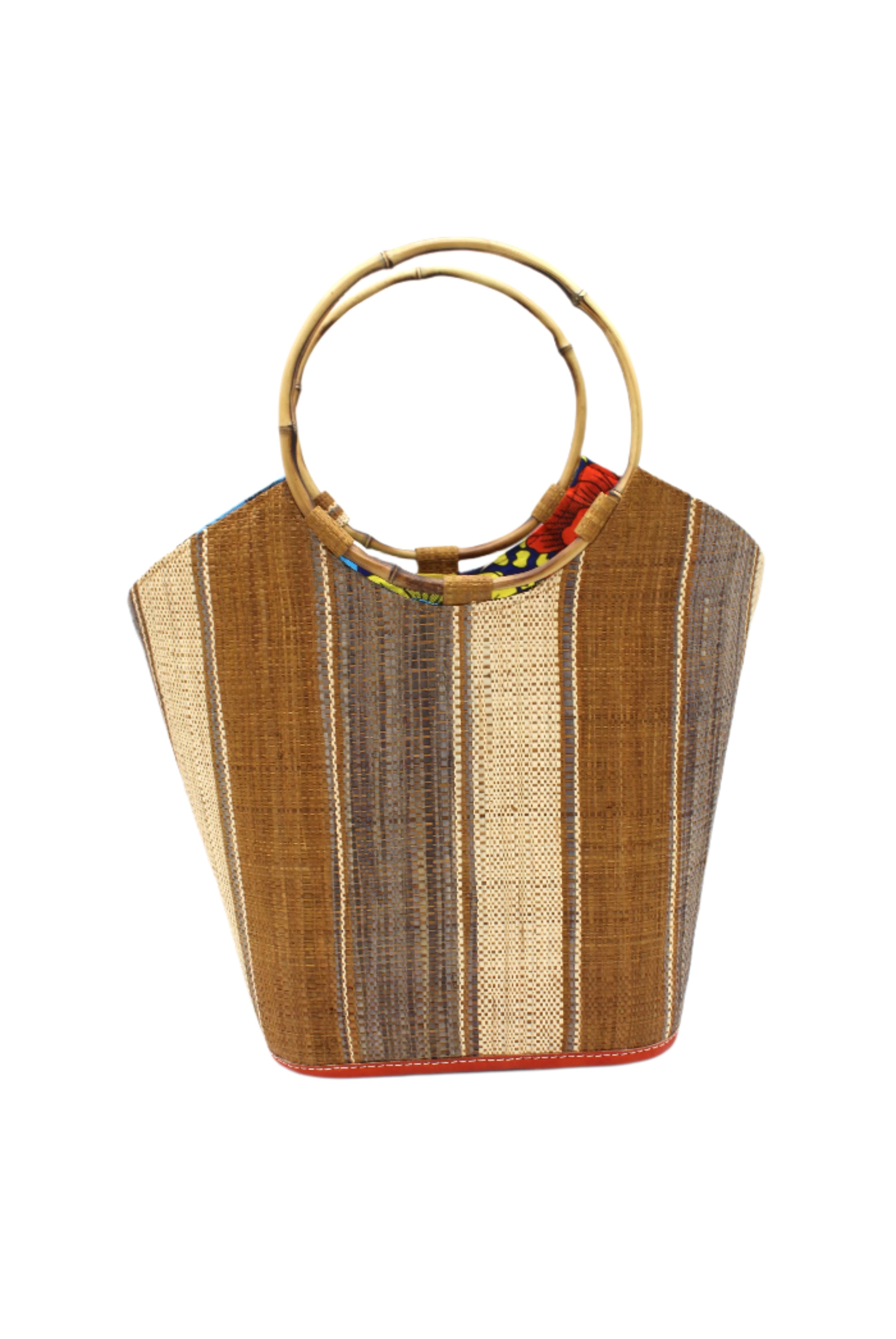 Carmen Straw Bucket Bag with Bamboo Handles Cinnamon Swirl multicolor vertical stripe pattern of natural straw color, cinnamon/tobacco/dark/brown, and grey with assorted liner purse - Shebobo