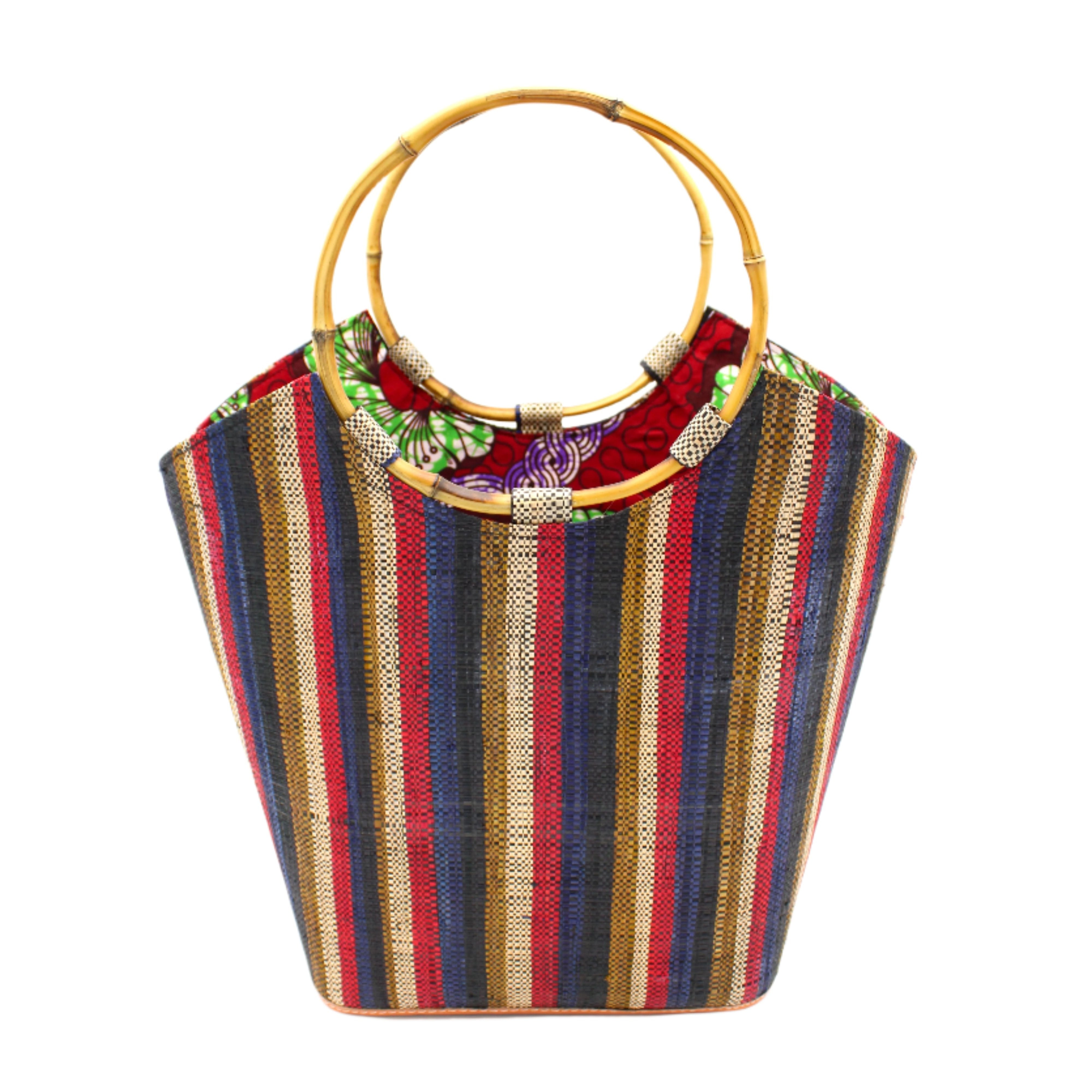 Carmen Solid/Stripes Straw Bucket Bag with Bamboo Handles Dark and Moody multicolor vertical stripe pattern of brown, red, blue, natural, and black with assorted liner purse - Shebobo