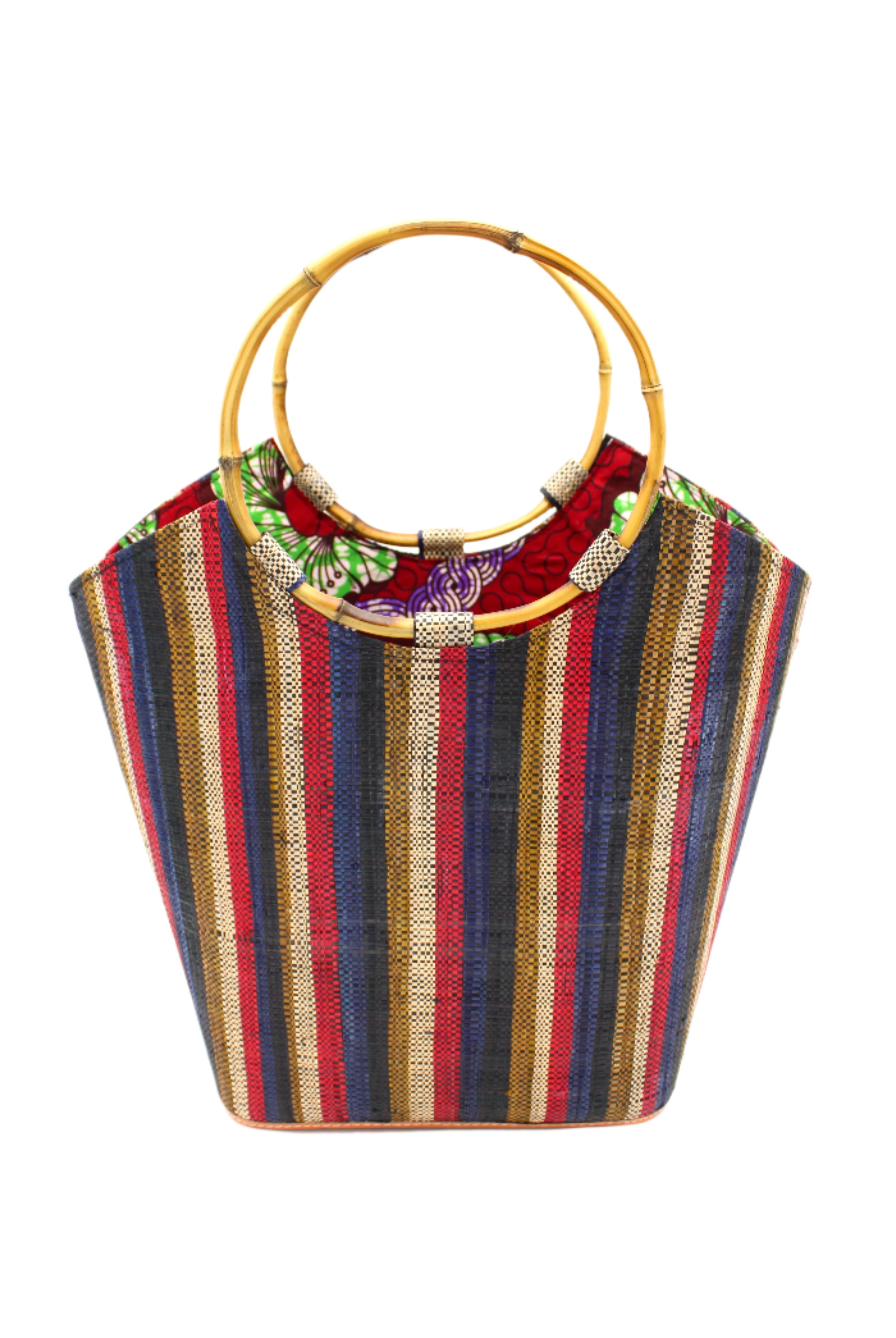 Carmen Solid/Stripes Straw Bucket Bag with Bamboo Handles Dark and Moody multicolor vertical stripe pattern of brown, red, blue, natural, and black with assorted liner purse - Shebobo