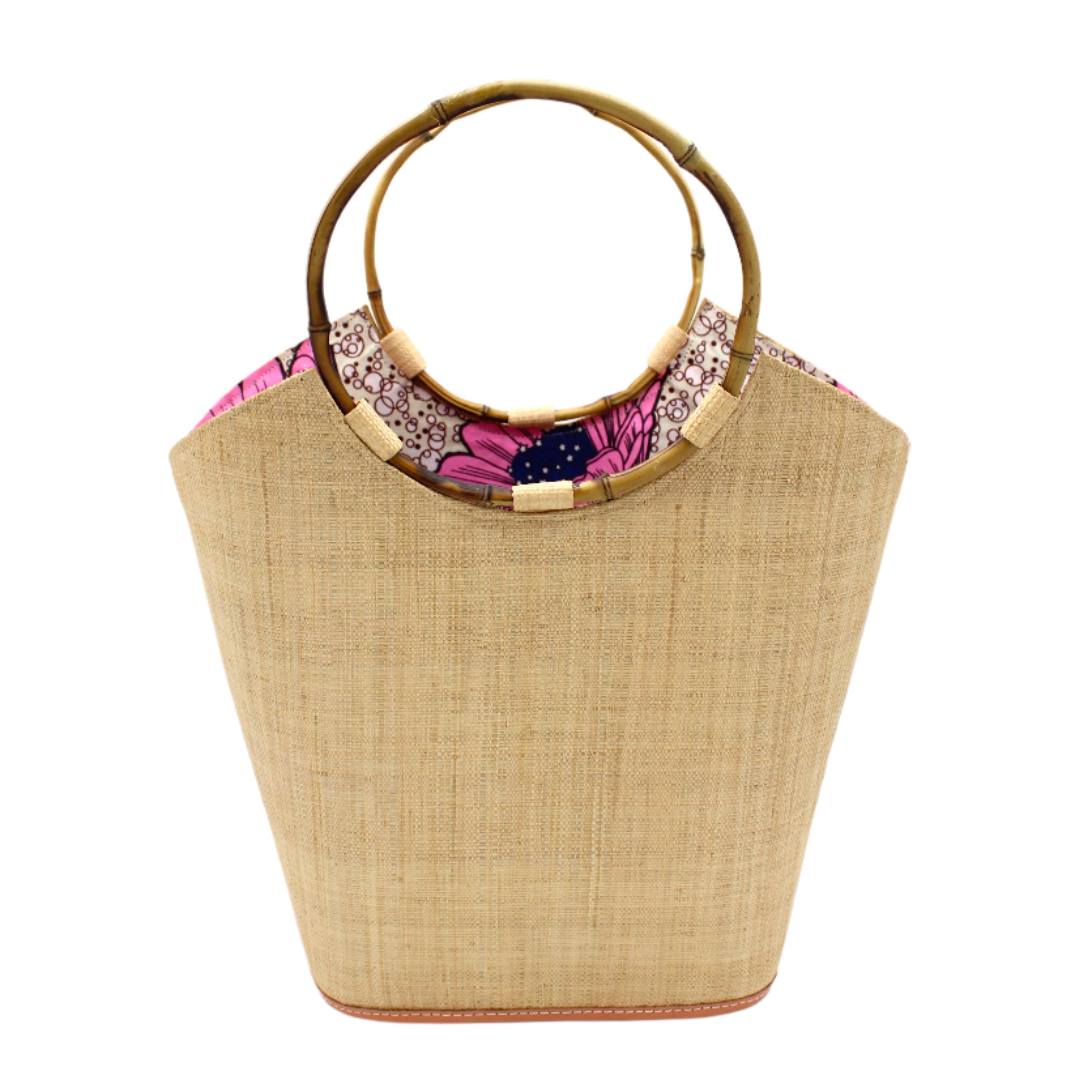 Carmen Natural Straw Bucket Bag with Bamboo Handles handmade loomed raffia in a solid hue of natural straw color with assorted African print fabric liner handbag - Shebobo