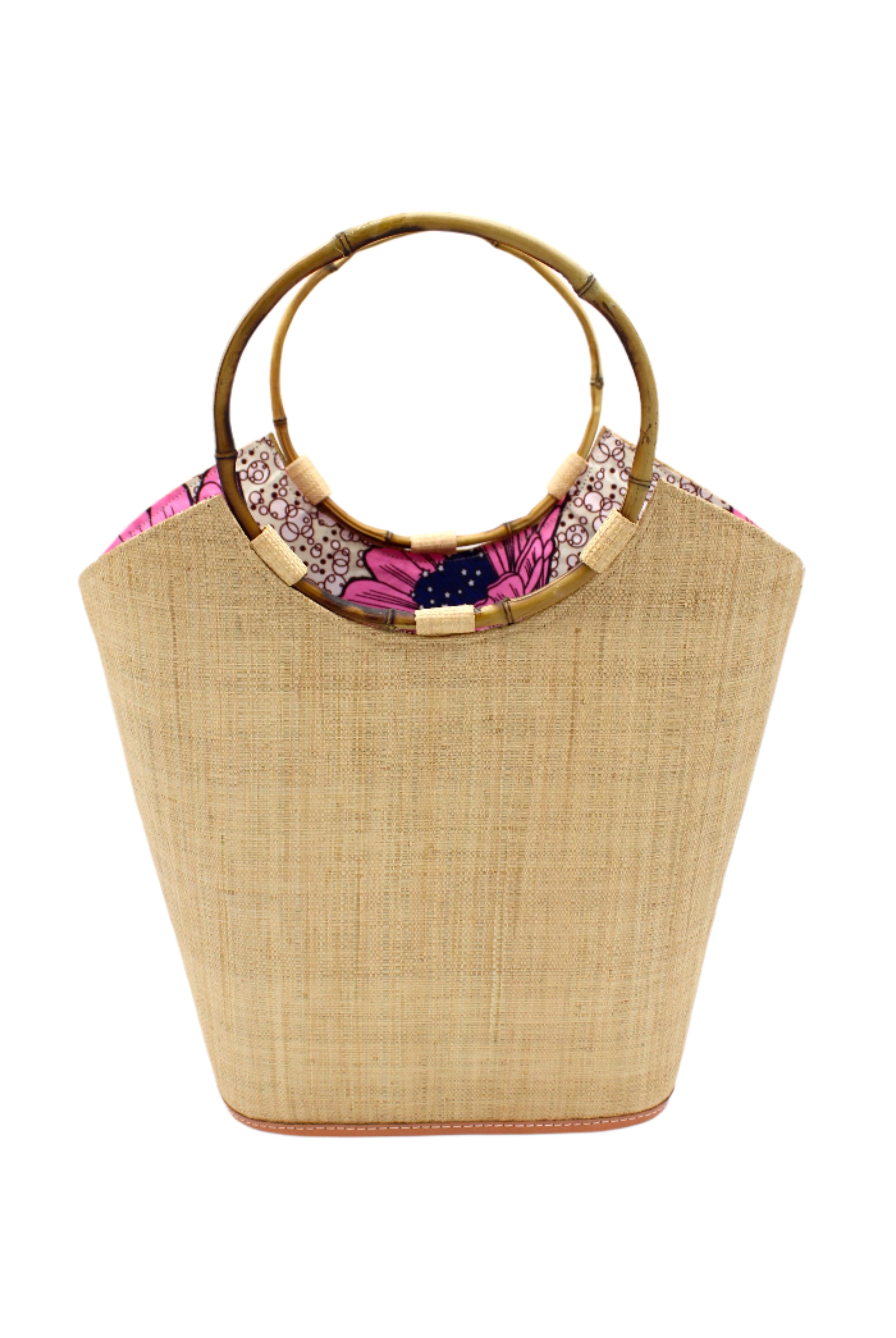Carmen Natural Straw Bucket Bag with Bamboo Handles handmade loomed raffia in a solid hue of natural straw color with assorted African print fabric liner handbag - Shebobo
