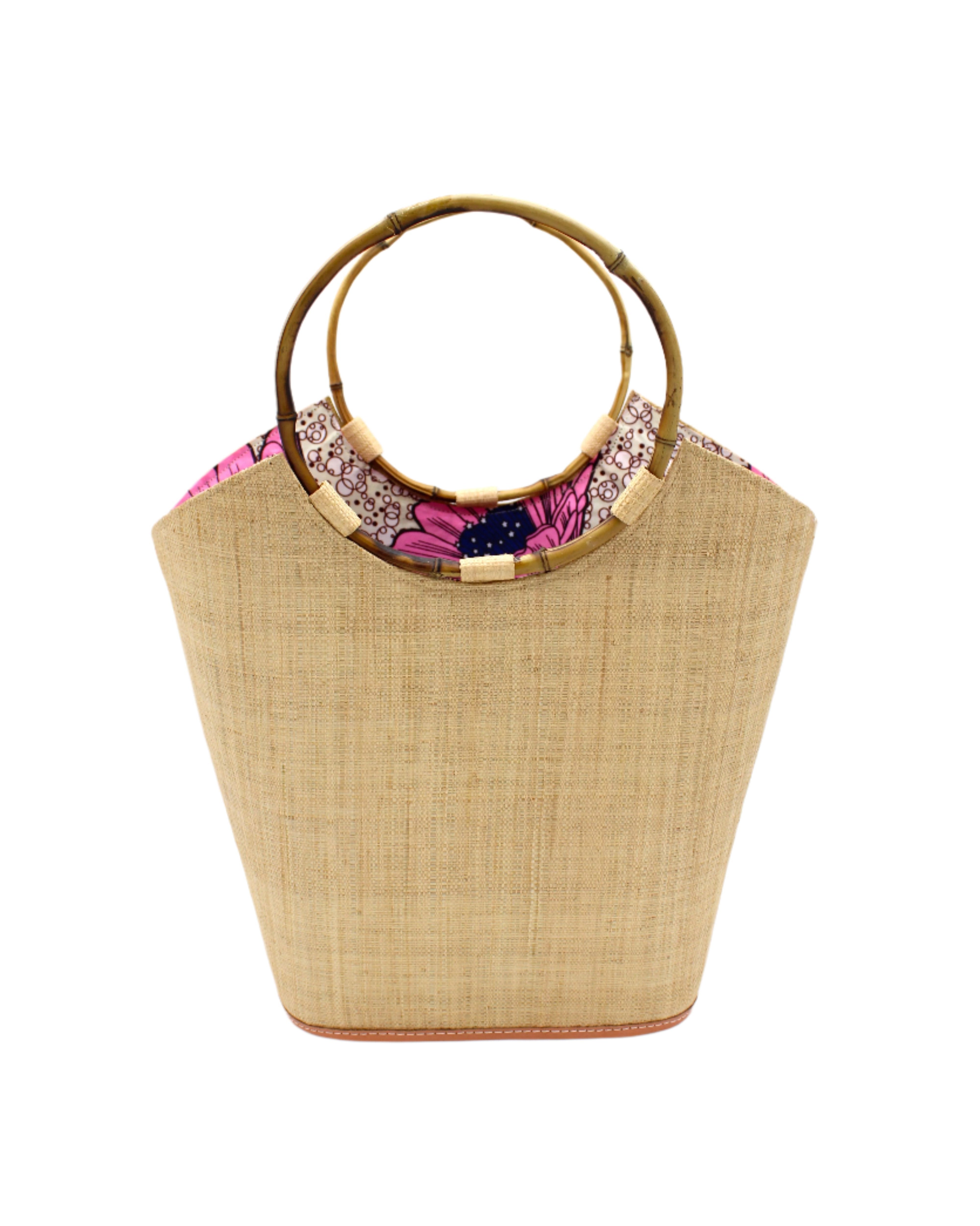 Carmen Natural Straw Bucket Bag with Bamboo Handles handmade loomed raffia in a solid hue of natural straw color with assorted African print fabric liner handbag - Shebobo