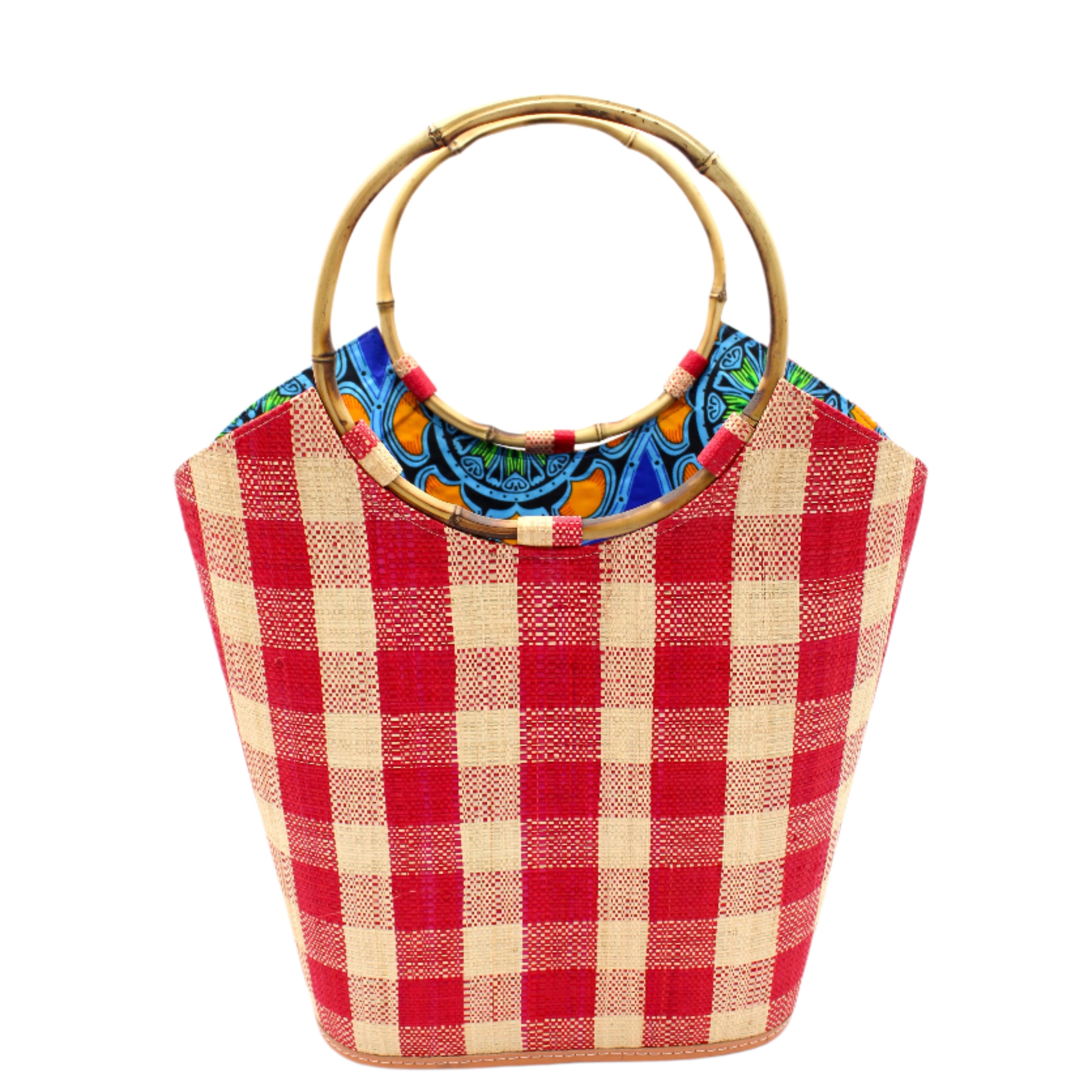 Carmen Straw Bucket Bag with Bamboo Handles Red Gingham handmade loomed raffia in a two tone multicolor plaid pattern of natural straw color, and red with assorted liners of African print fabric purse handbag - Shebobo