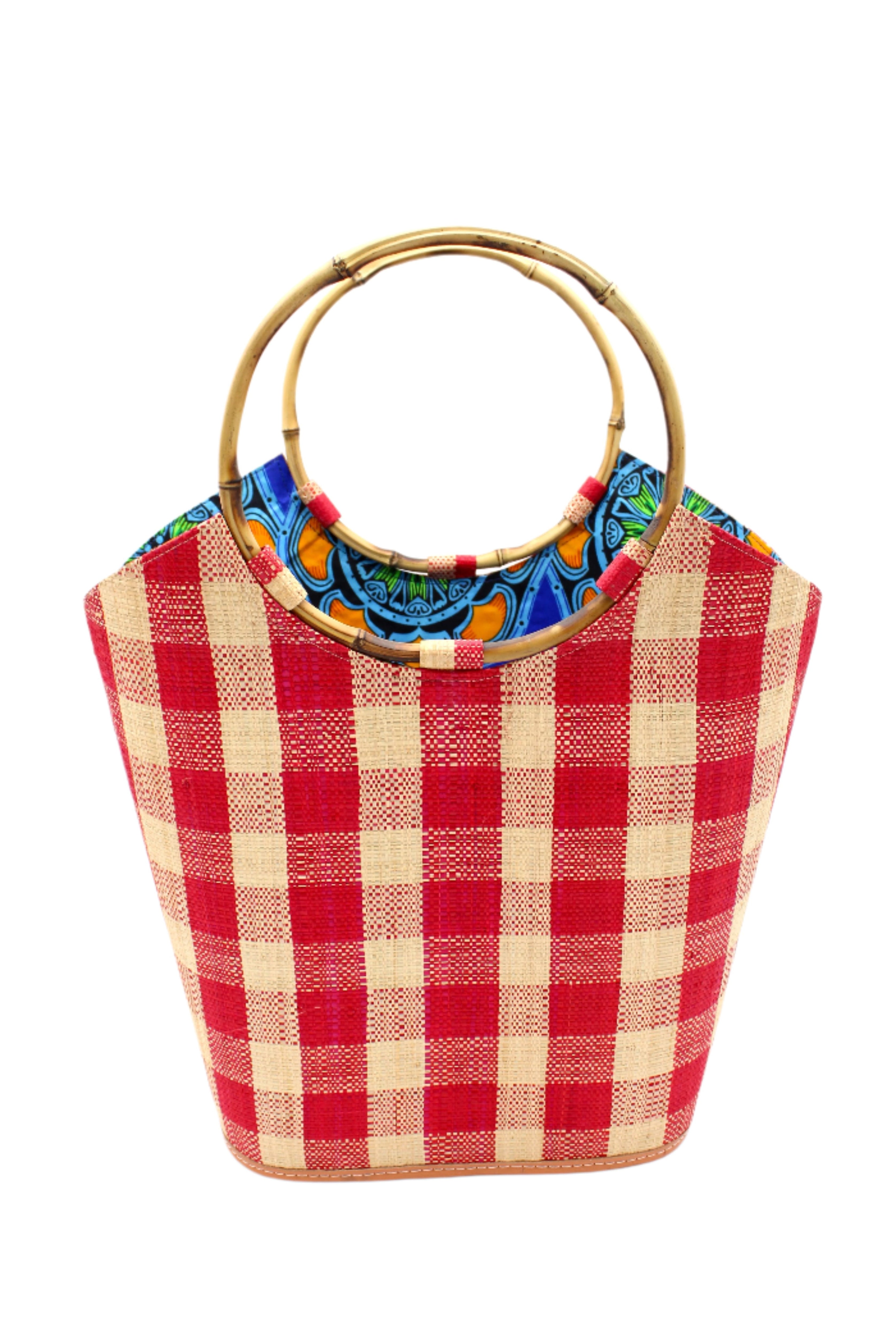 Carmen Straw Bucket Bag with Bamboo Handles Red Gingham handmade loomed raffia in a two tone multicolor plaid pattern of natural straw color, and red with assorted liners of African print fabric purse handbag - Shebobo