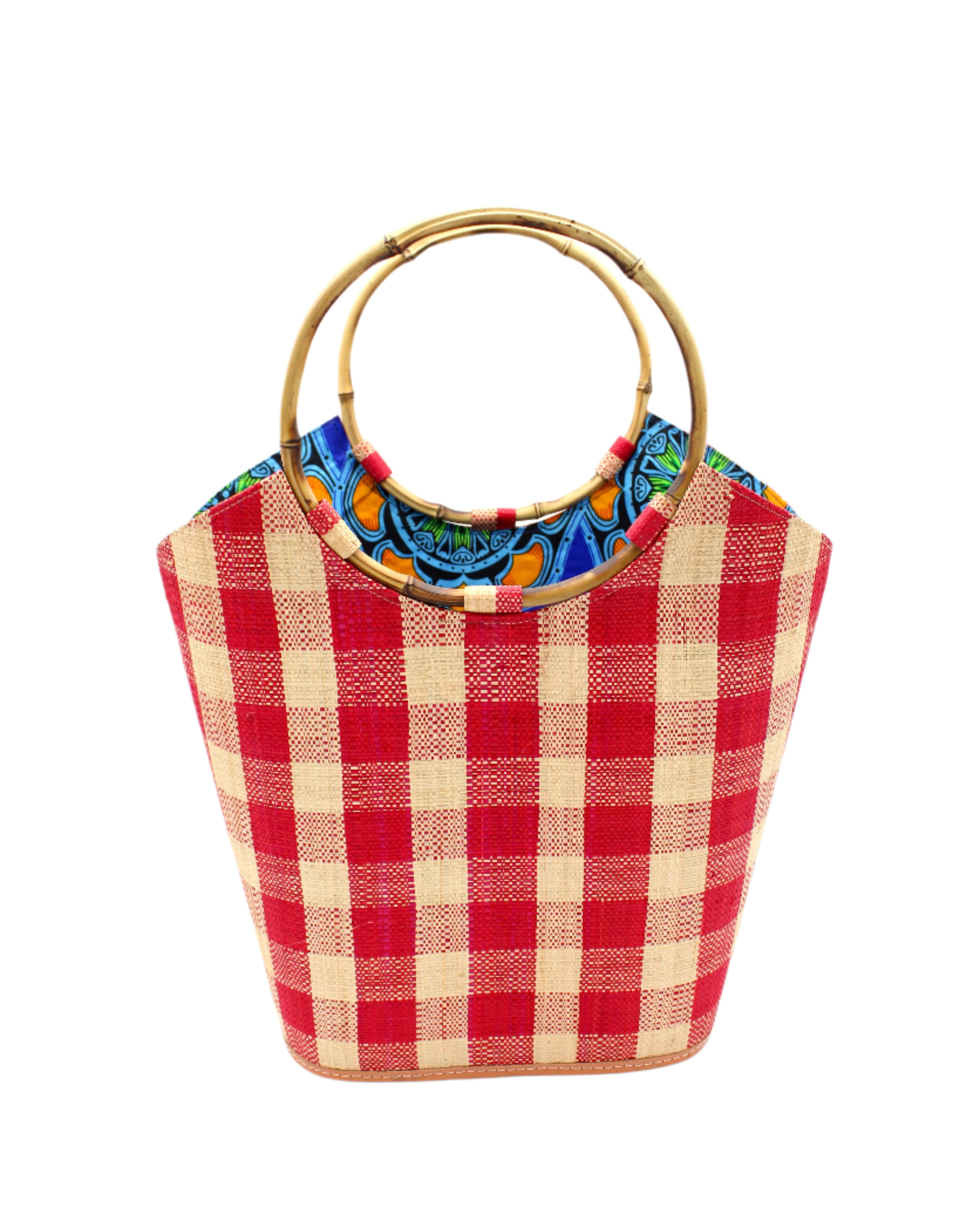 Carmen Straw Bucket Bag with Bamboo Handles Red Gingham handmade loomed raffia in a two tone multicolor plaid pattern of natural straw color, and red with assorted liners of African print fabric purse handbag - Shebobo