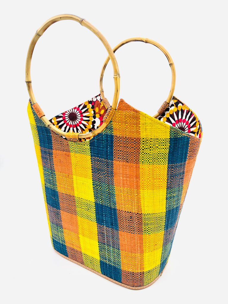 Carmen Straw Bucket Bag with Bamboo Handles Saffron Multi Gingham handmade loomed raffia in a plaid pattern of saffron yellow, turquoise blue, and orange with assorted liners of African print fabric purse handbag - Shebobo