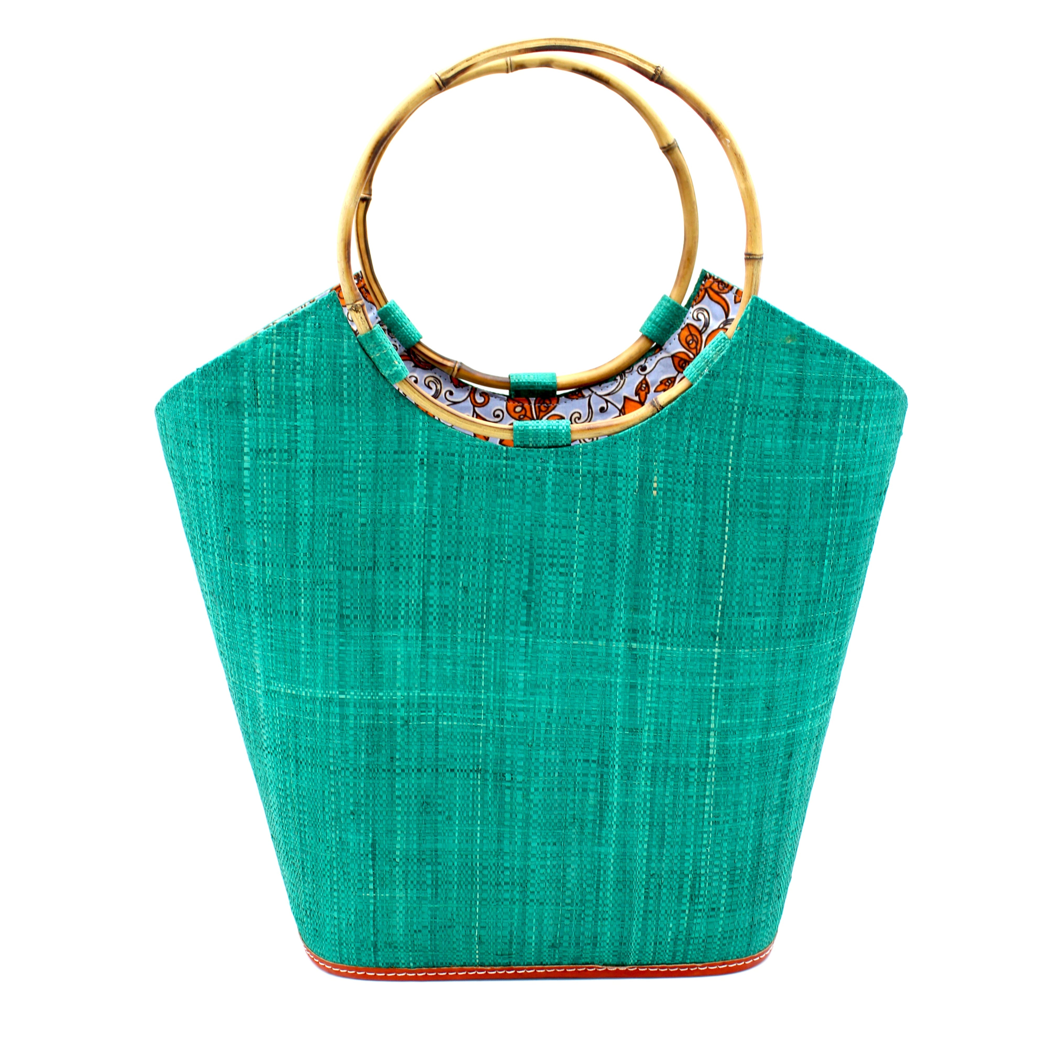 Carmen Teal Straw Bucket Bag with Bamboo Handles handmade loomed raffia in a solid hue of teal blue/green with assorted African print fabric liner handbag - Shebobo