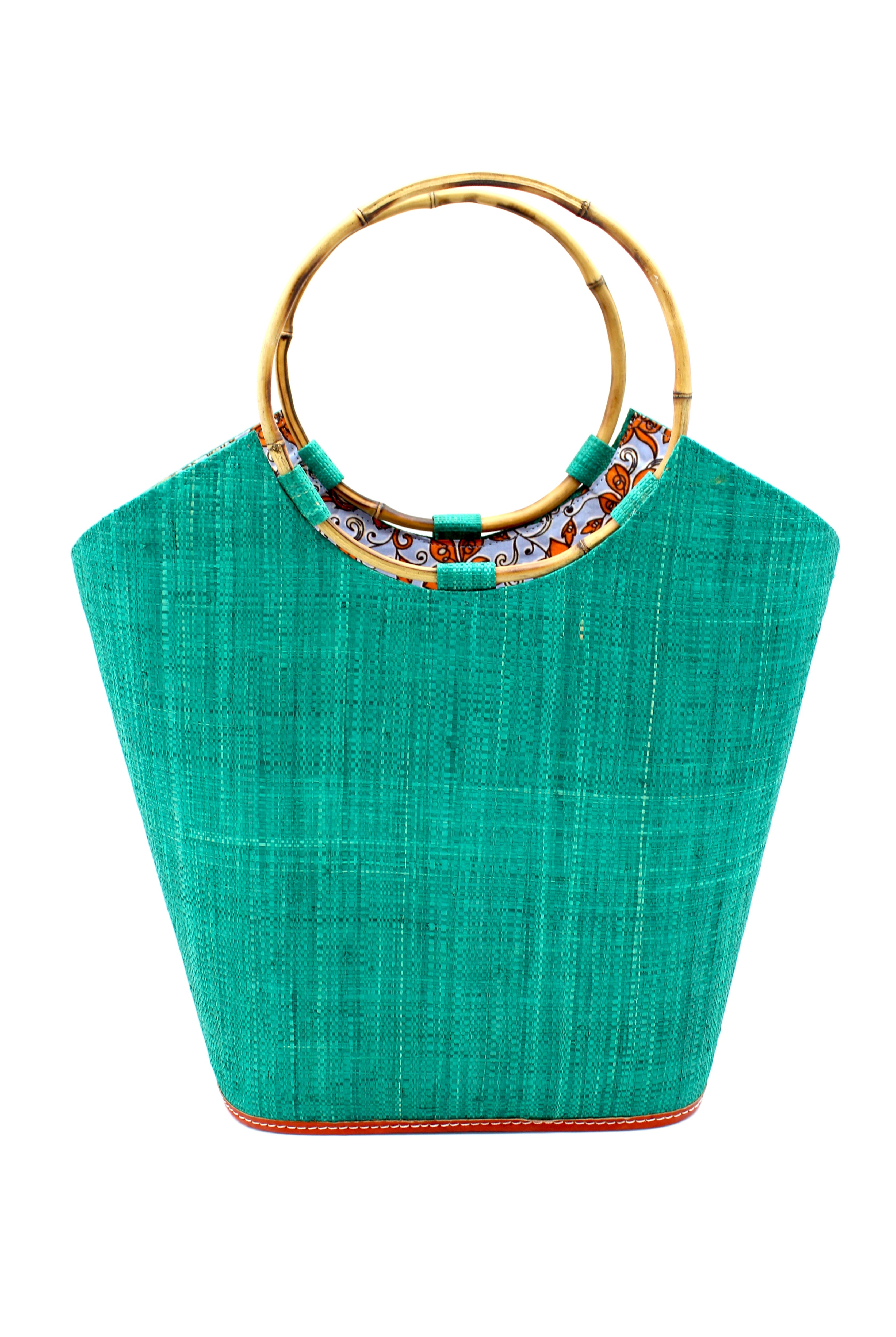Carmen Teal Straw Bucket Bag with Bamboo Handles handmade loomed raffia in a solid hue of teal blue/green with assorted African print fabric liner handbag - Shebobo