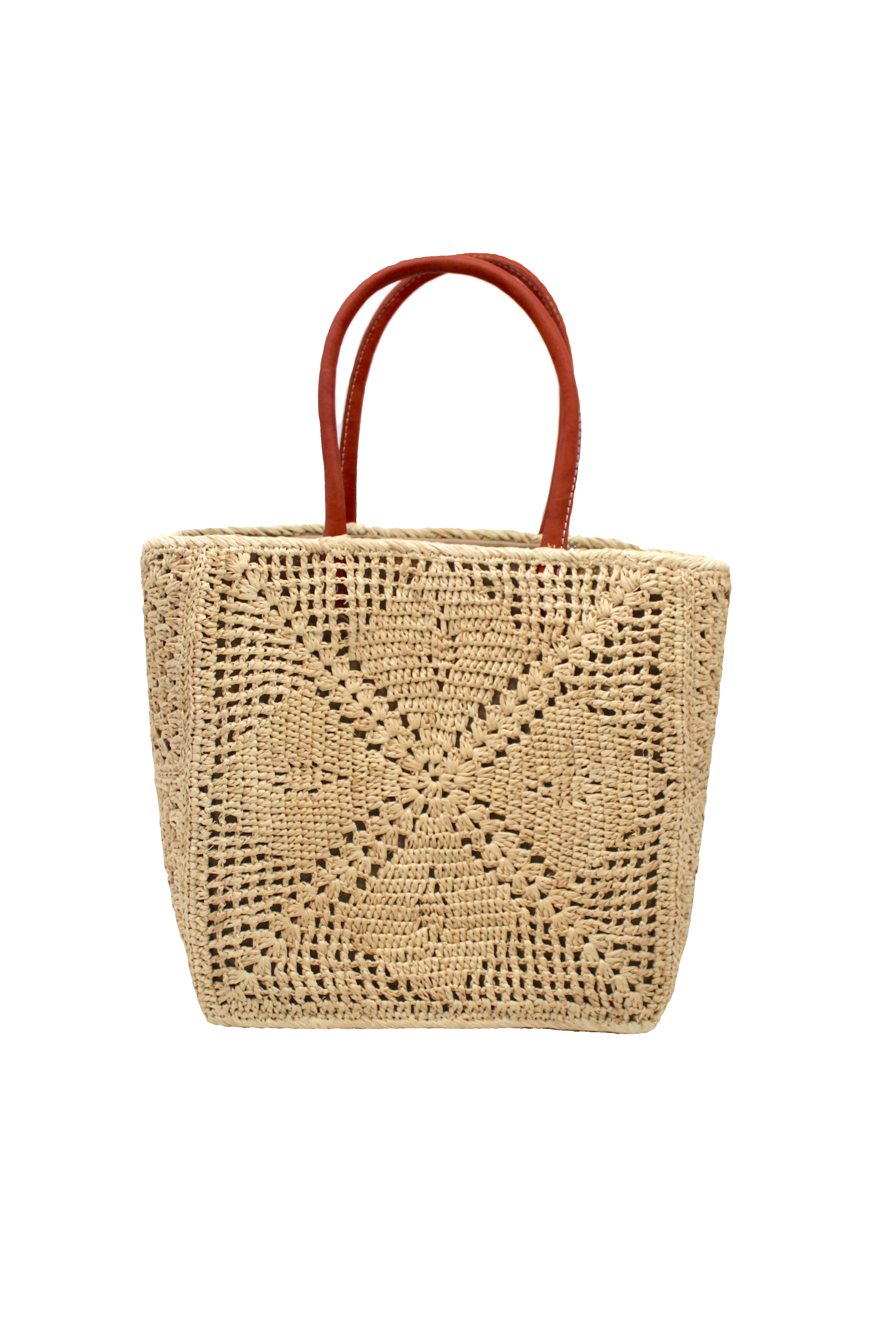 Cheval Lace Square Pattern Crochet Straw Basket Bag handmade from natural raffia palm fiber in a lace square geometric diamond pattern with triangle detailing textile in a natural straw color with leather handles handbag purse beach bag tote- Shebobo