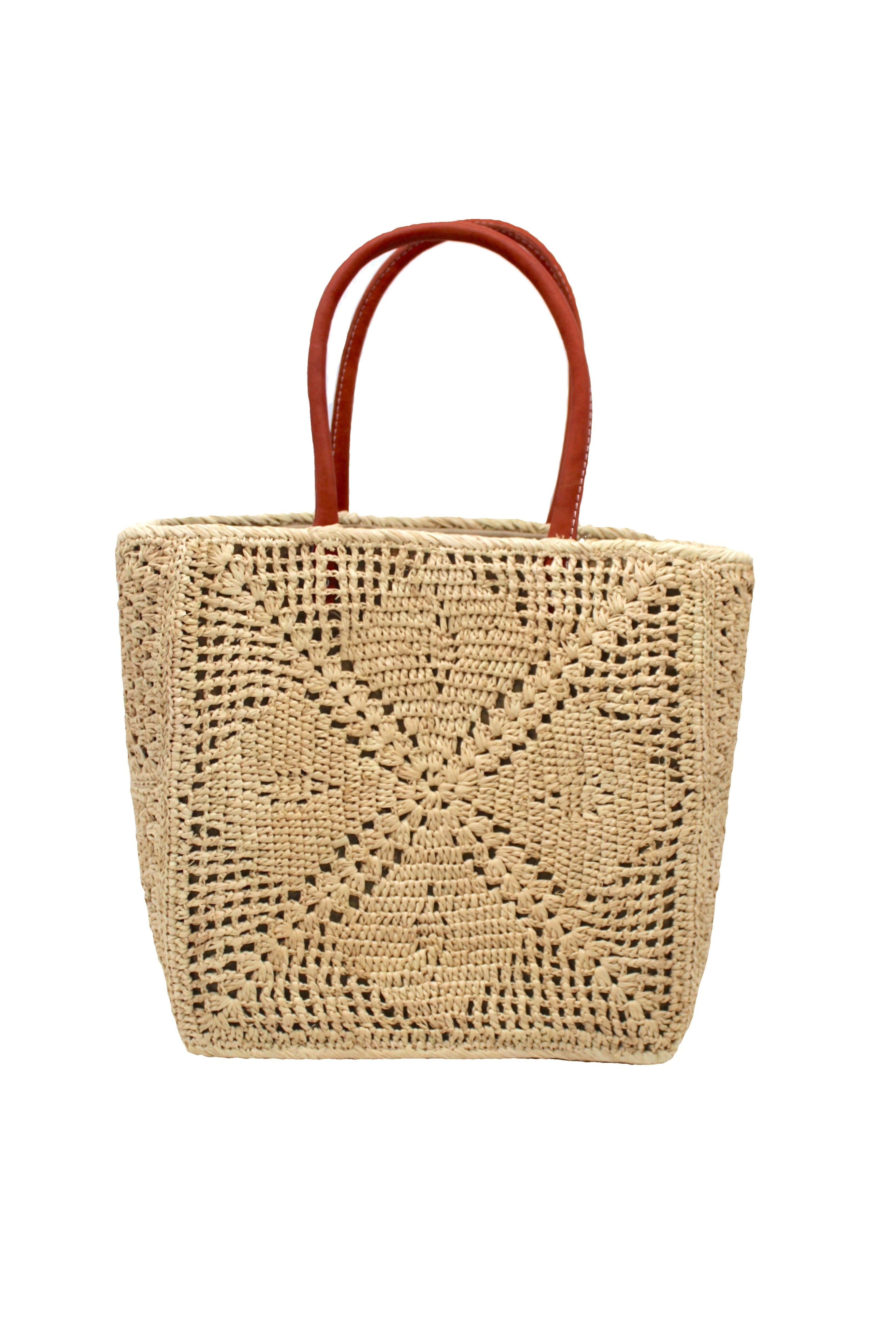 Cheval Lace Square Pattern Crochet Straw Basket Bag handmade from natural raffia palm fiber in a lace square geometric diamond pattern with triangle detailing textile in a natural straw color with leather handles handbag purse beach bag tote- Shebobo